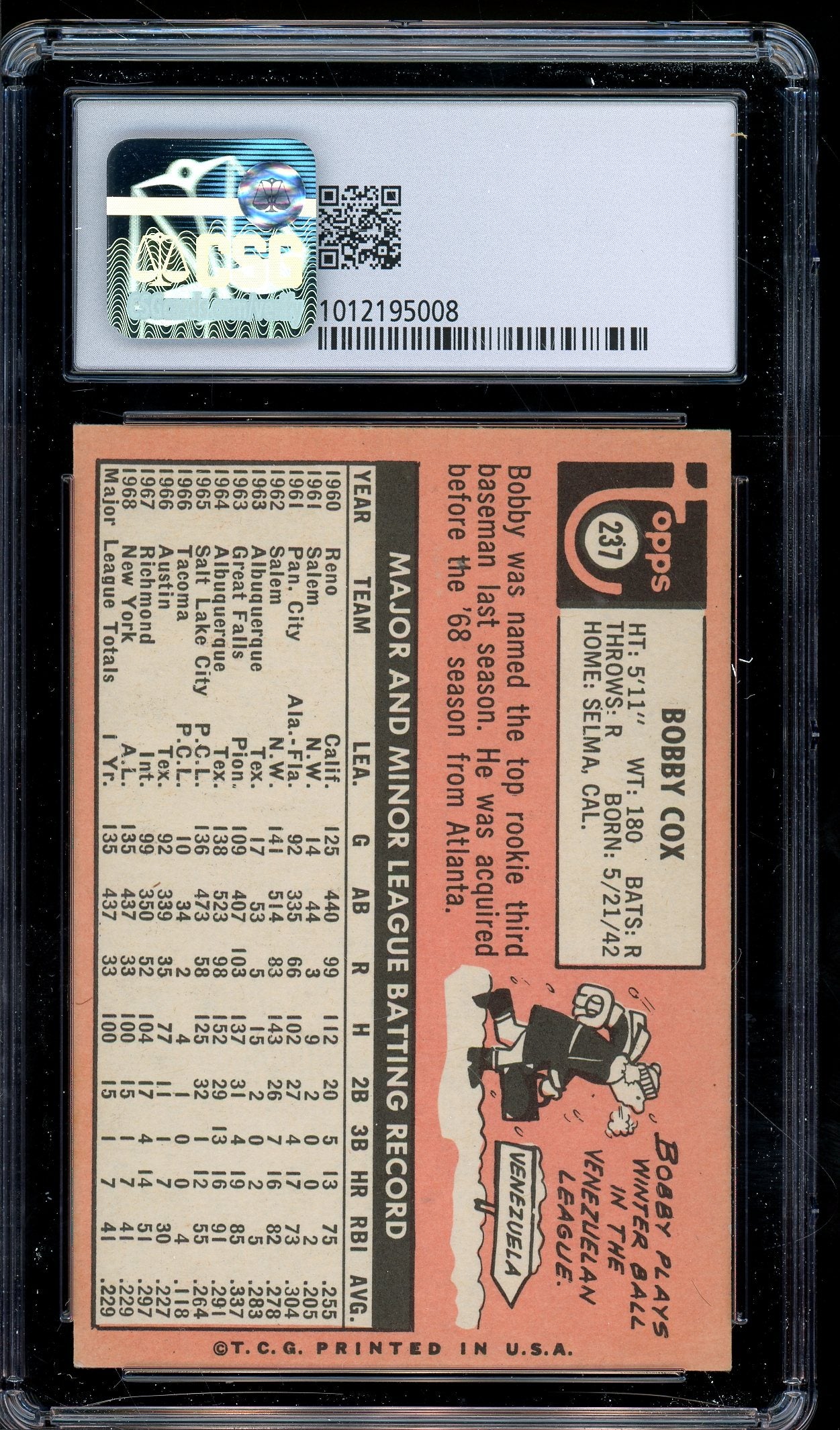 1969 Topps #237 Bobby Cox CSG 6