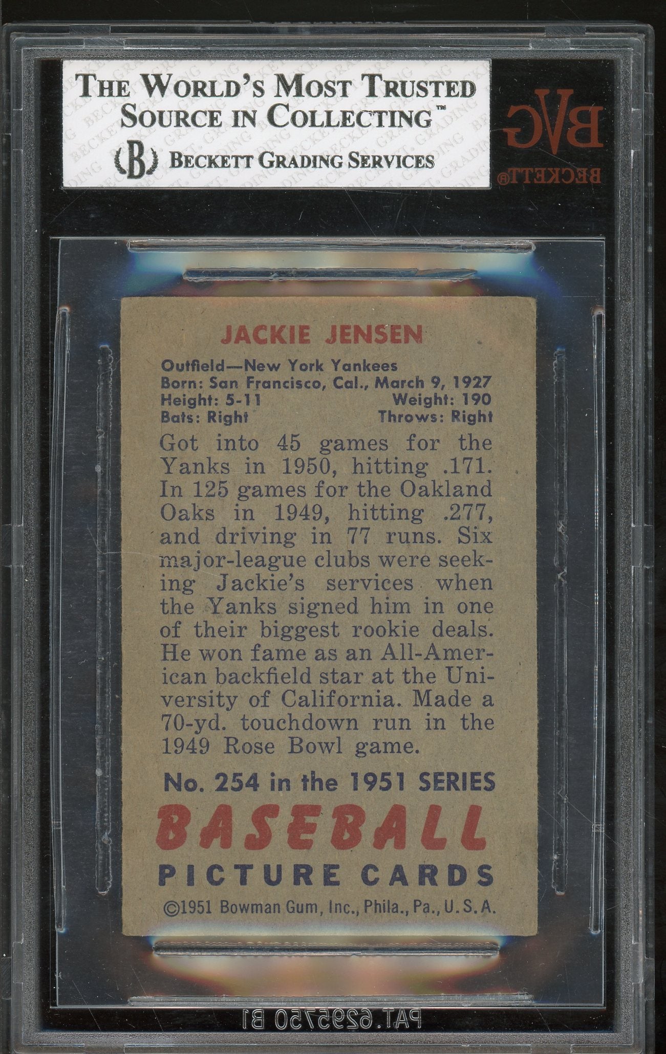 1951 Bowman #254 Jackie Jensen BVG 5