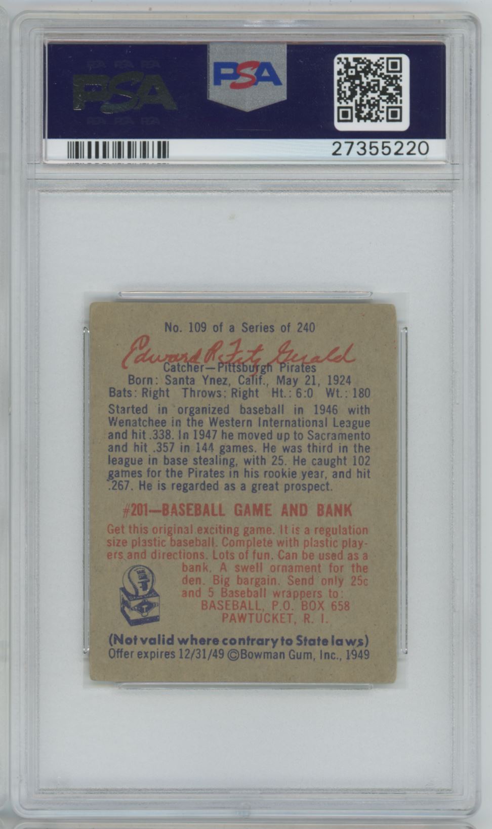 1949 Bowman Ed Fitzgerald Script Name on Back #109 mm- PSA 4.5