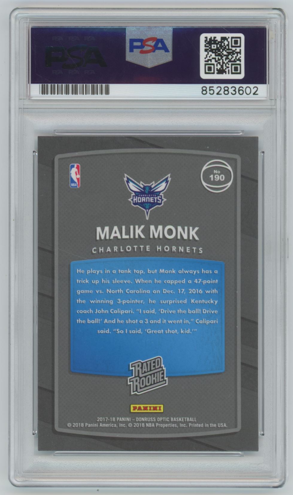 2017 Donruss Optic Malik Monk Auto PSA/DNA Authentic