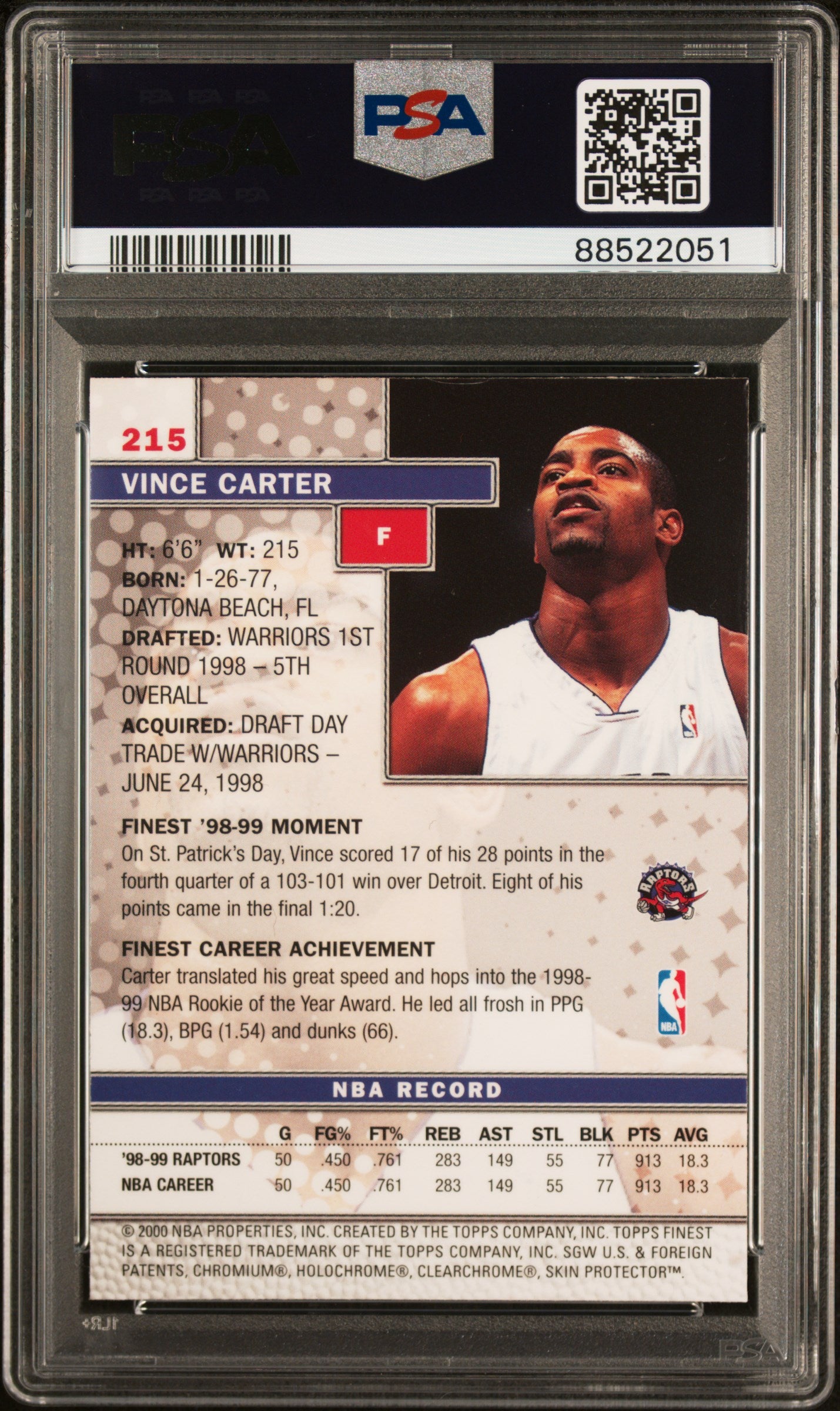 1999-00 Finest #215 Vince Carter Auto PSA/DNA Authentic