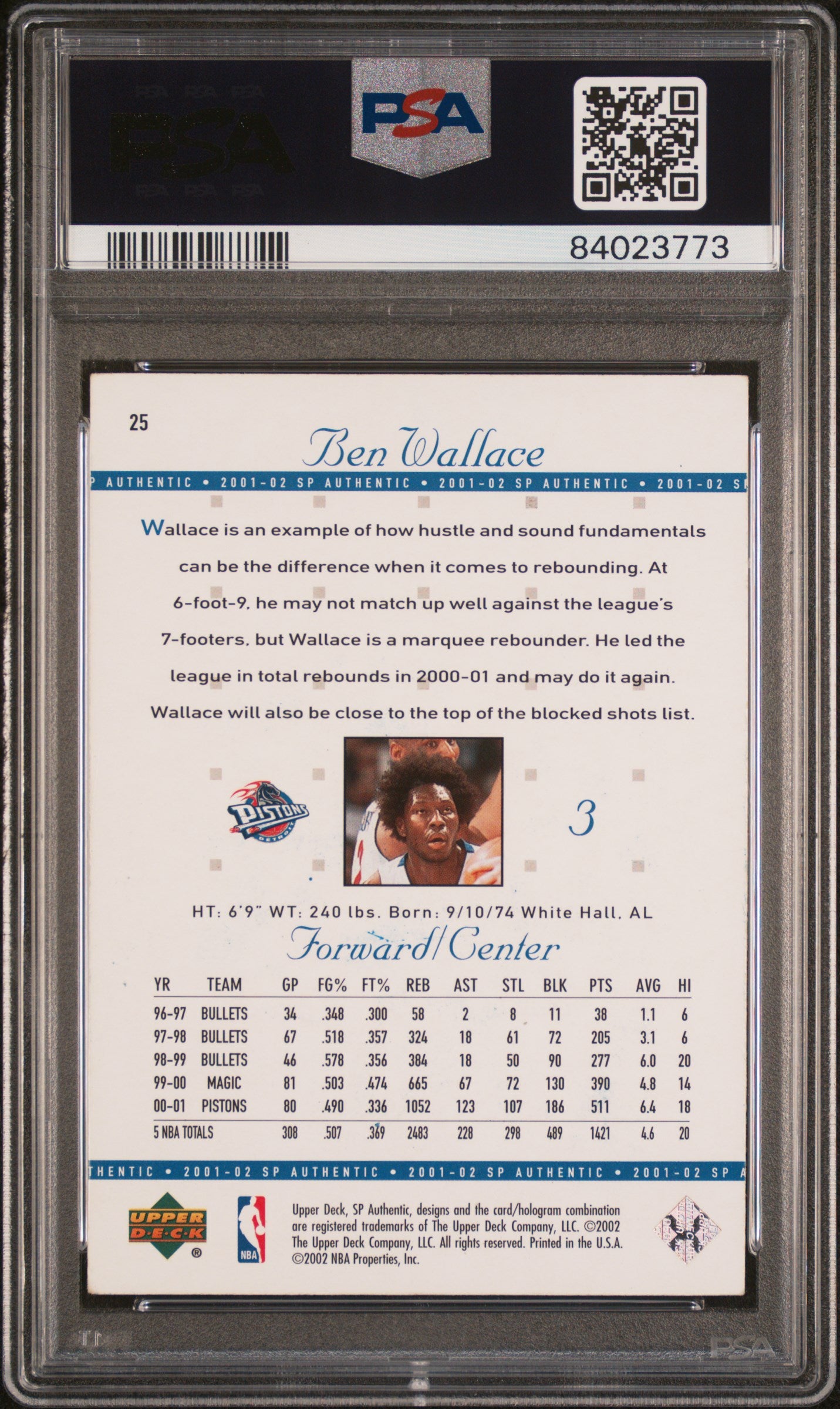 2001 Sp Authentic #25 Ben Wallace Auto PSA 6/Auto 9