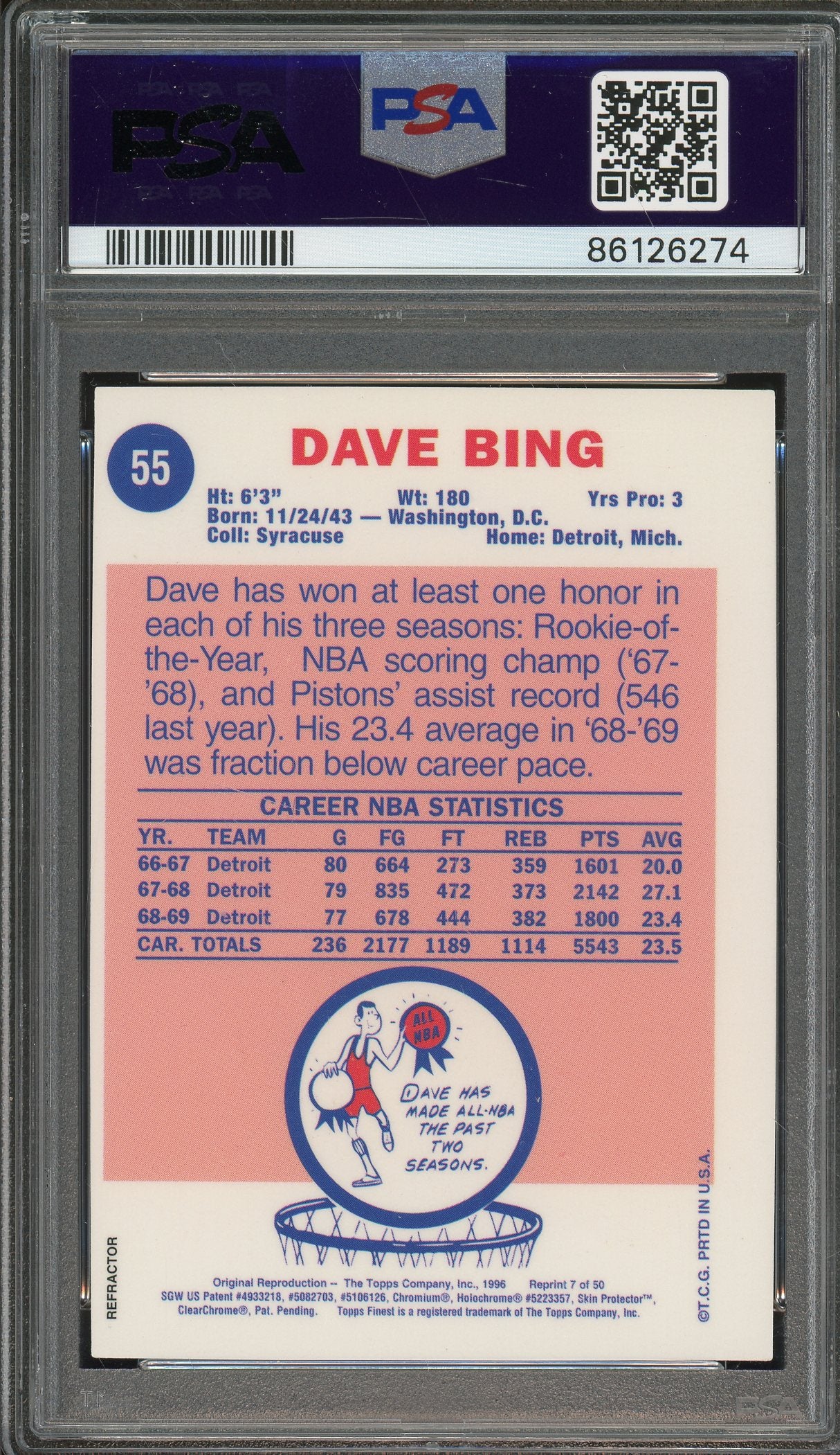 1996 Stadium Club Finest #7 Dave Bing Reprint - Refractor Auto PSA Authentic