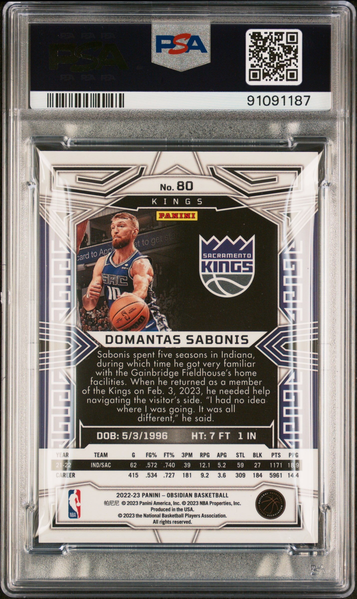 2022 Panini Obsidian #80 Domantas Sabonis Electric Etch Asia Auto PSA/DNA