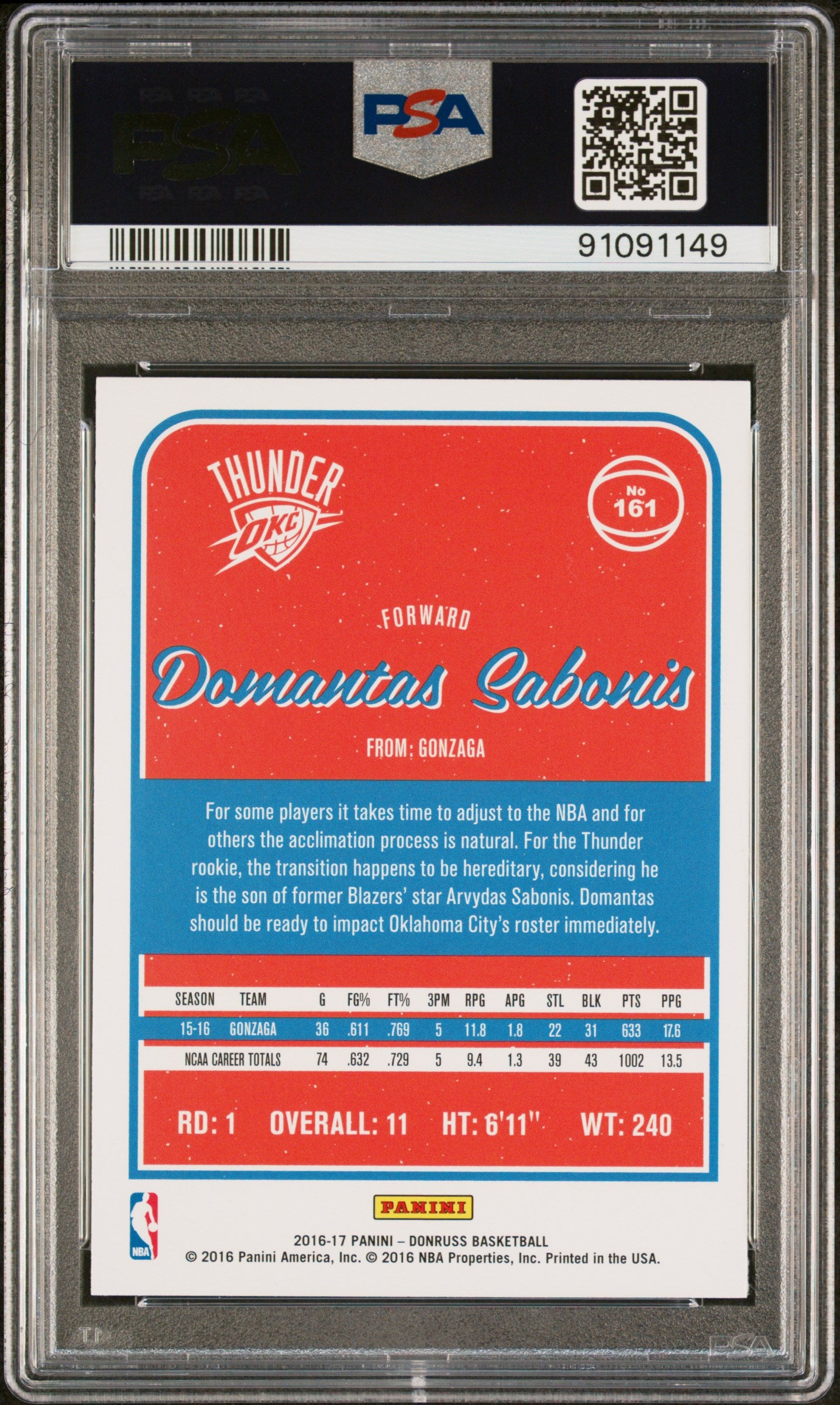 2016 Panini Donruss #161 Domantas Sabonis Auto PSA/DNA Authentic