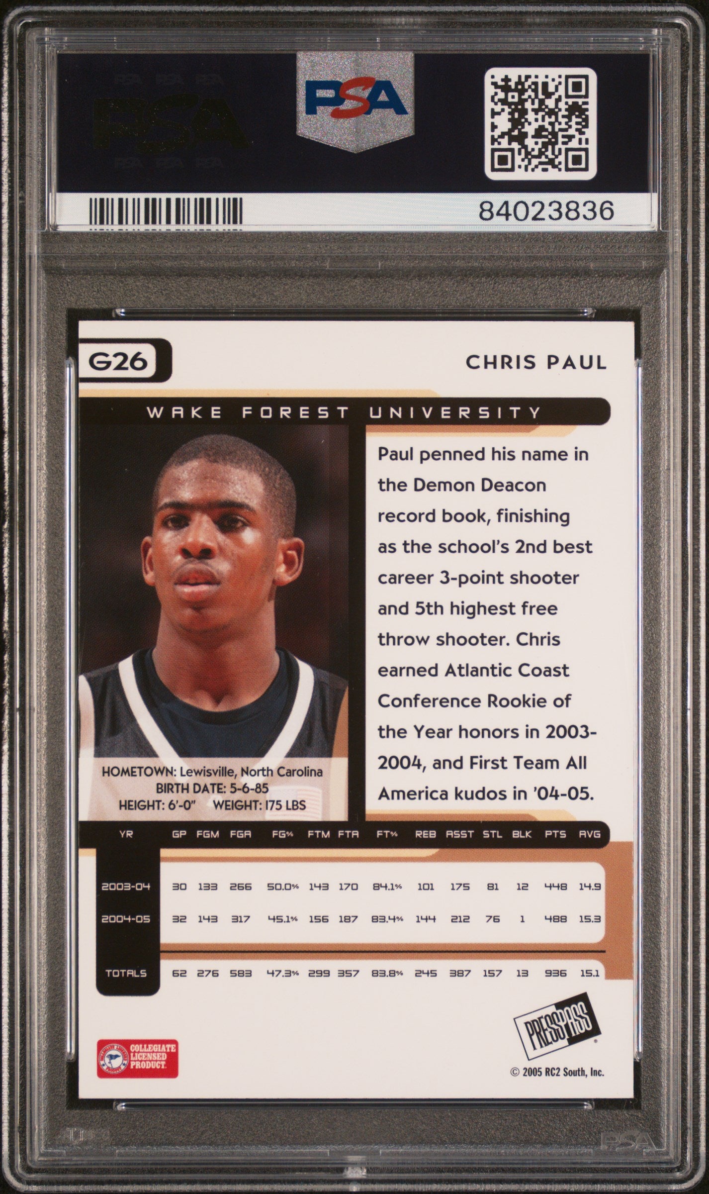 2005 Press Pass #G26 Chris Paul Gold Auto PSA 7/Auto 10