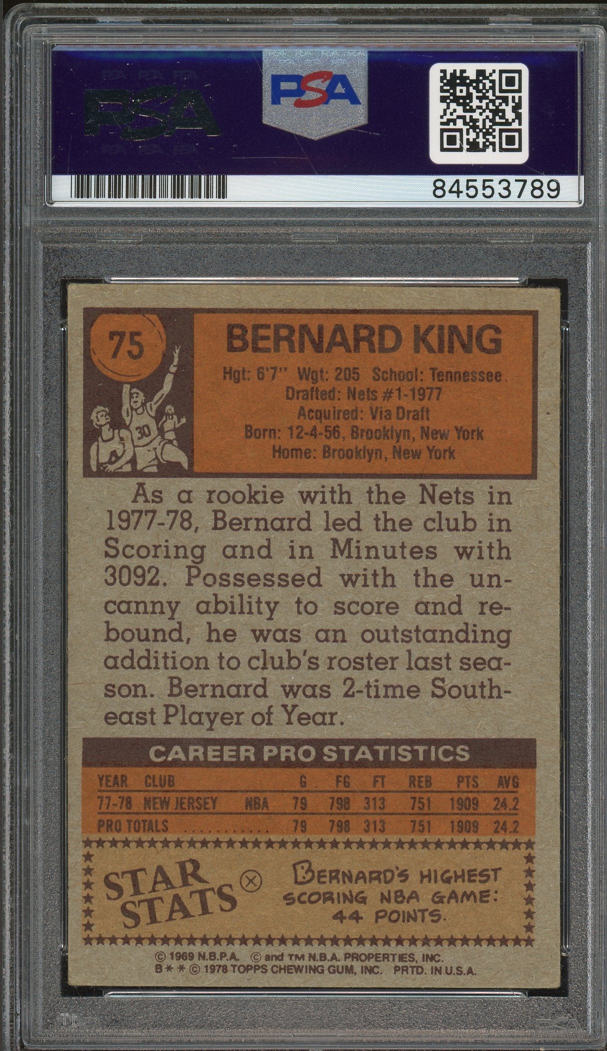 1978-79 Topps #75 Bernard King Auto PSA Authentic