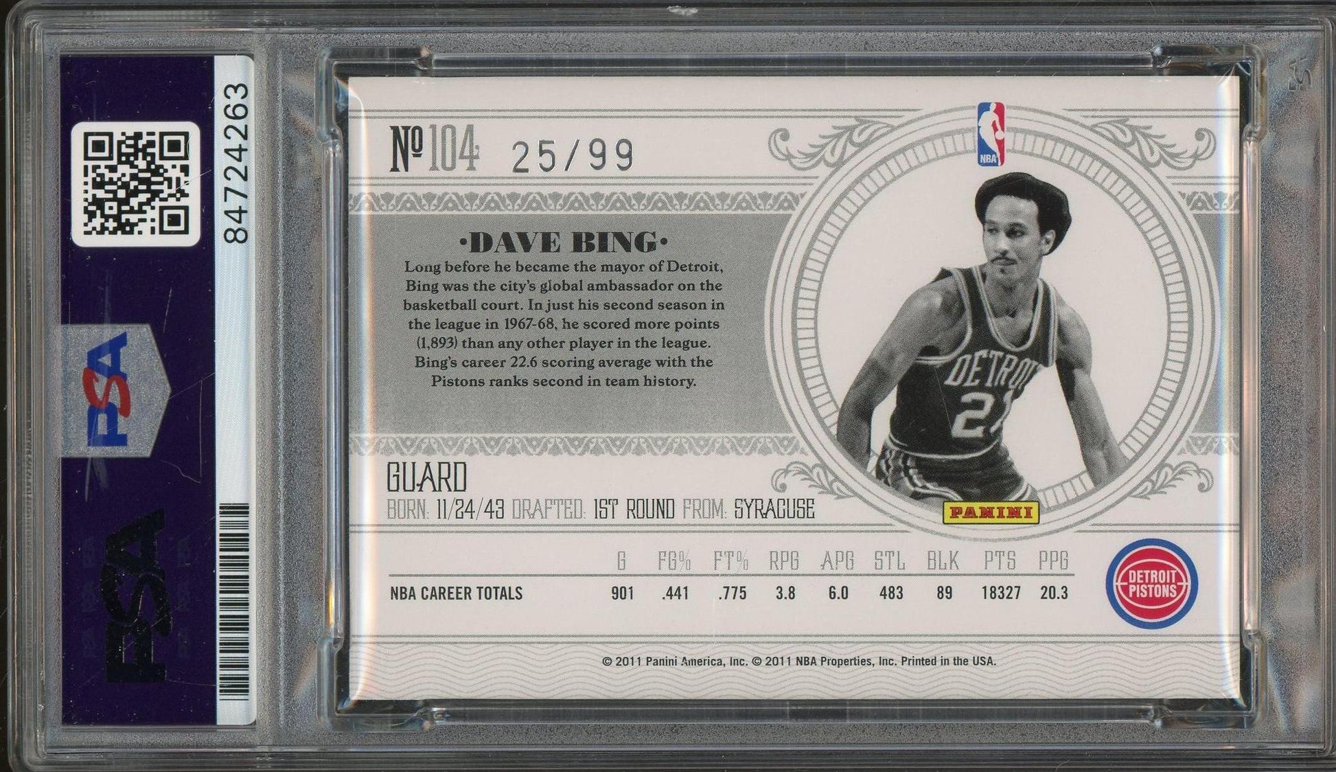 2011 Panini National Treasures #104 Dave Bing Auto Inscriptions /99 PSA/DNA Authentic