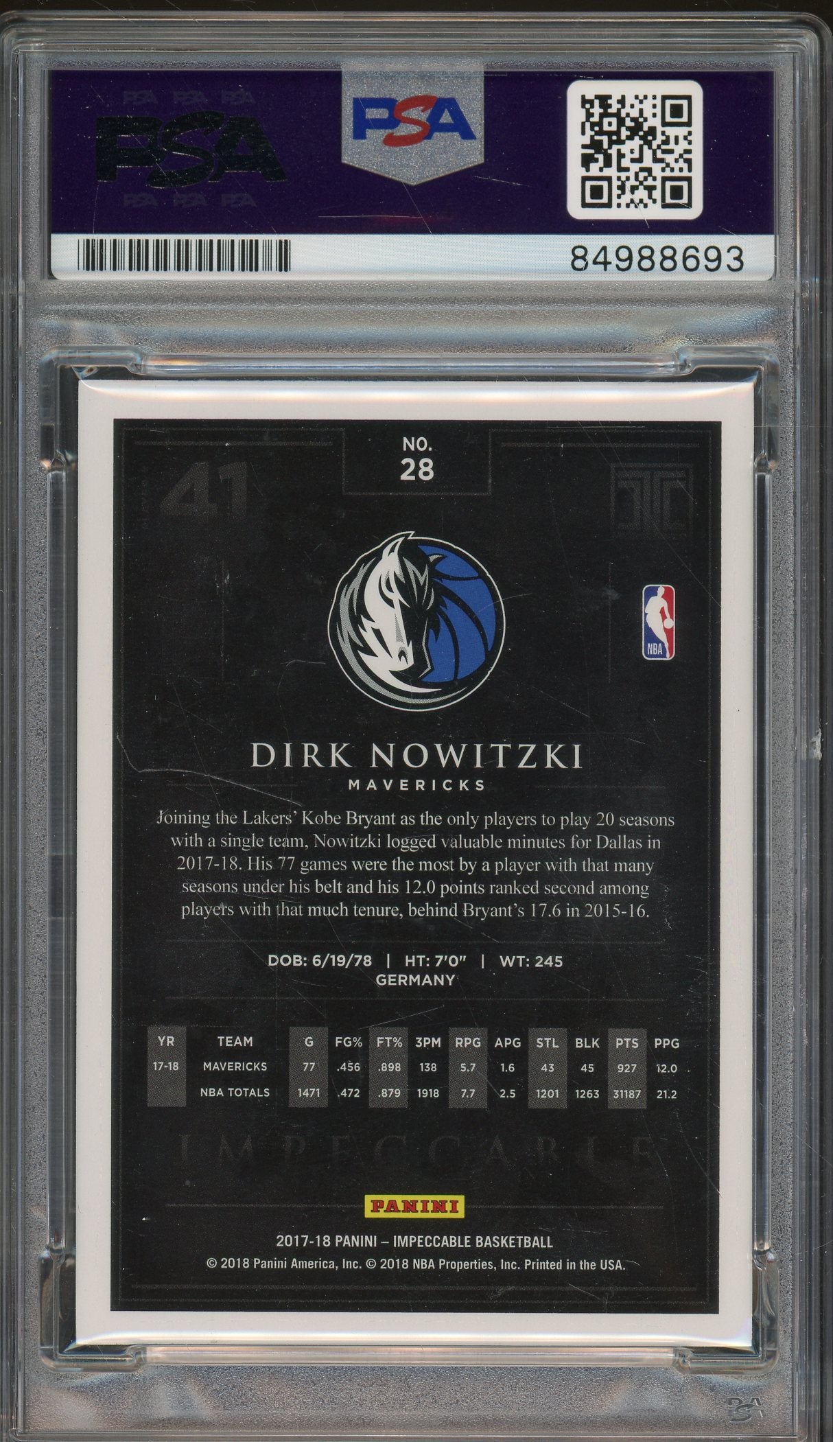 2017-18 Panini Impeccable #28 Dirk Nowitzki Auto /99 PSA/DNA Authentic