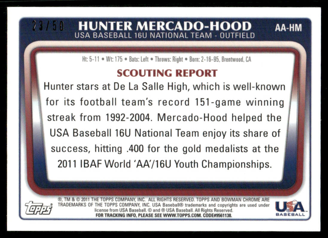 2011 Bowman Draft Chrome Hunter Mercado-Hood USA Team Gold Refractor Auto /50