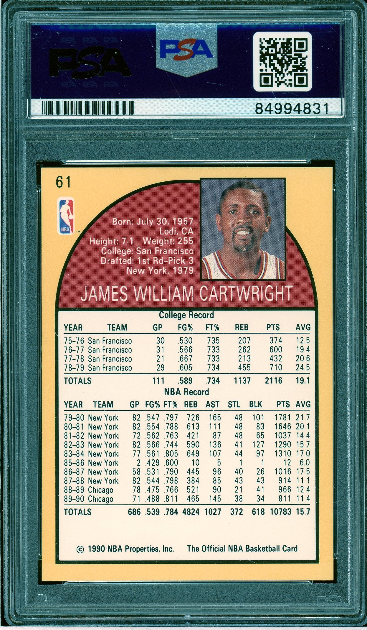 1990-91 Hoops #61 Bill Cartwright Auto PSA Authentic (4831)