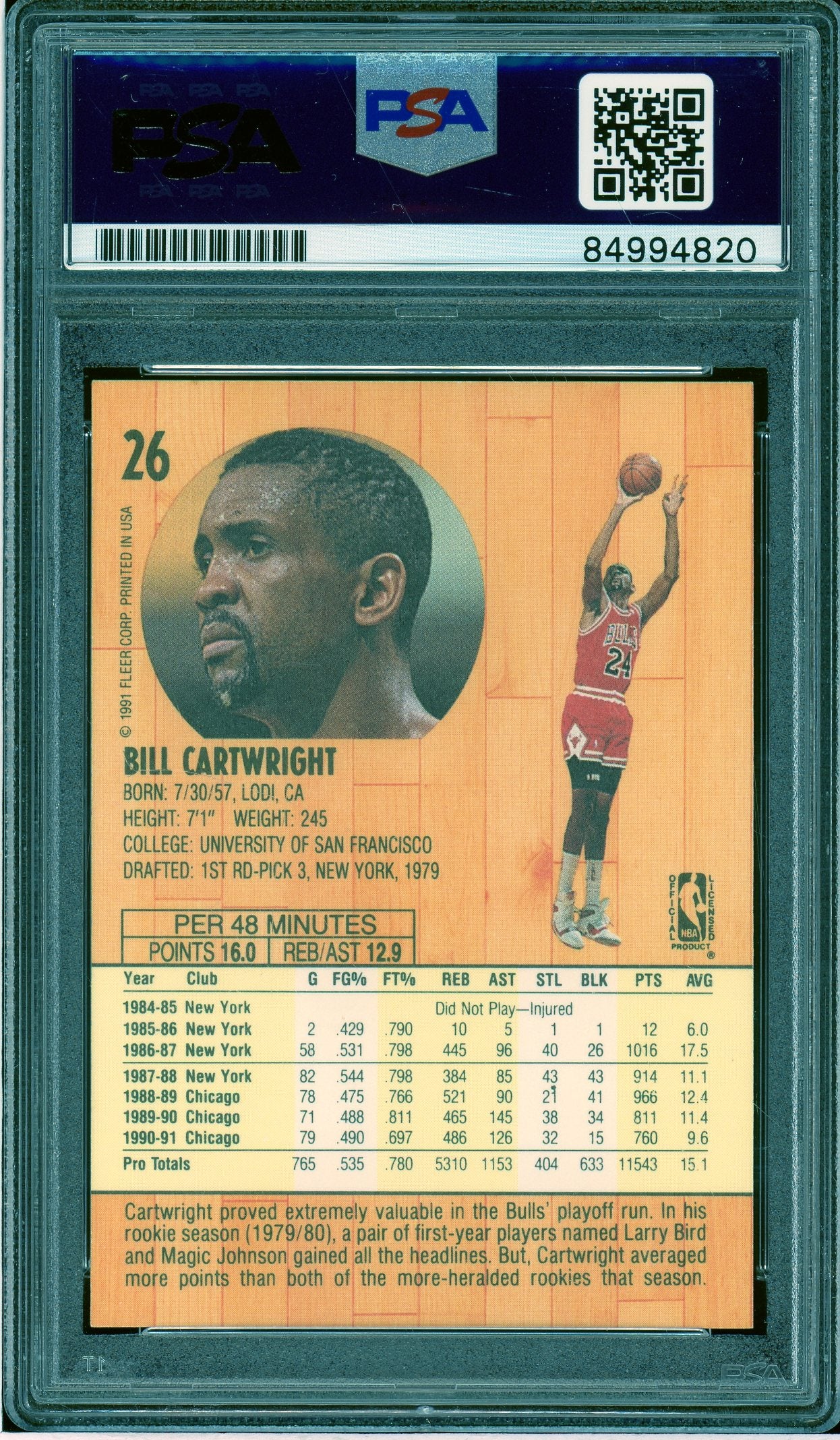 1991-92 Fleer #26 Bill Cartwright Auto PSA Authentic (4820)