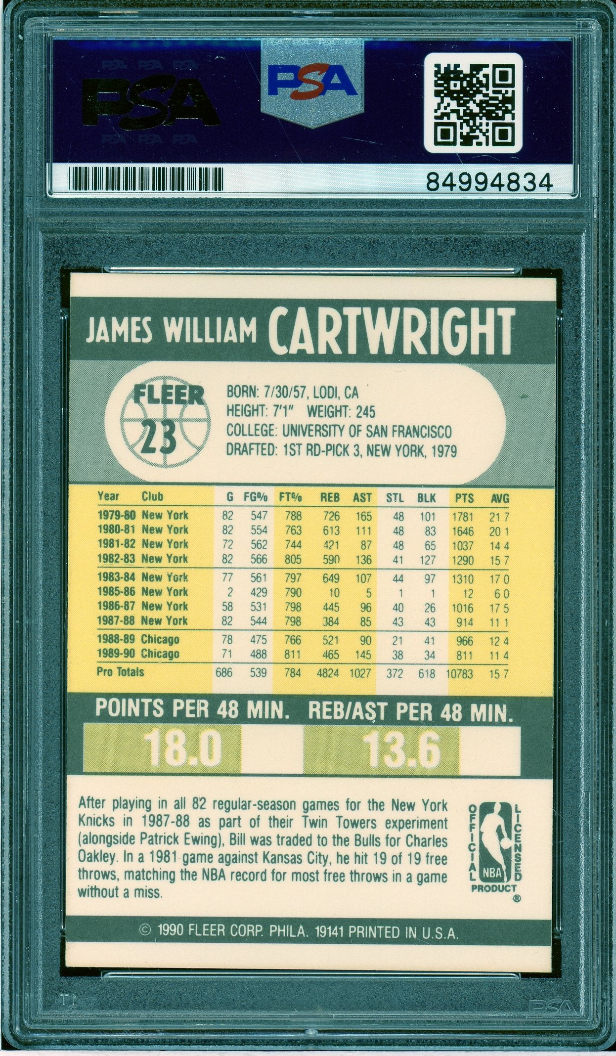 1990-91 Fleer #23 Bill Cartwright Auto PSA Authentic (4834)