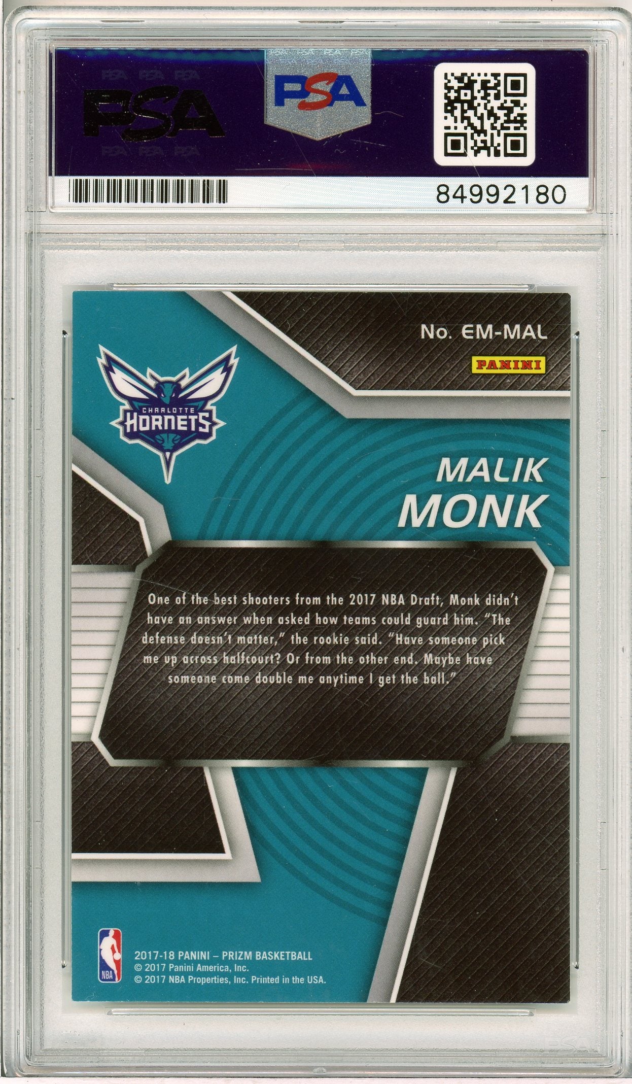 2017-18 Panini Prizm #EM-MAL Malik Monk Emergent Rookie Auto PSA Authentic