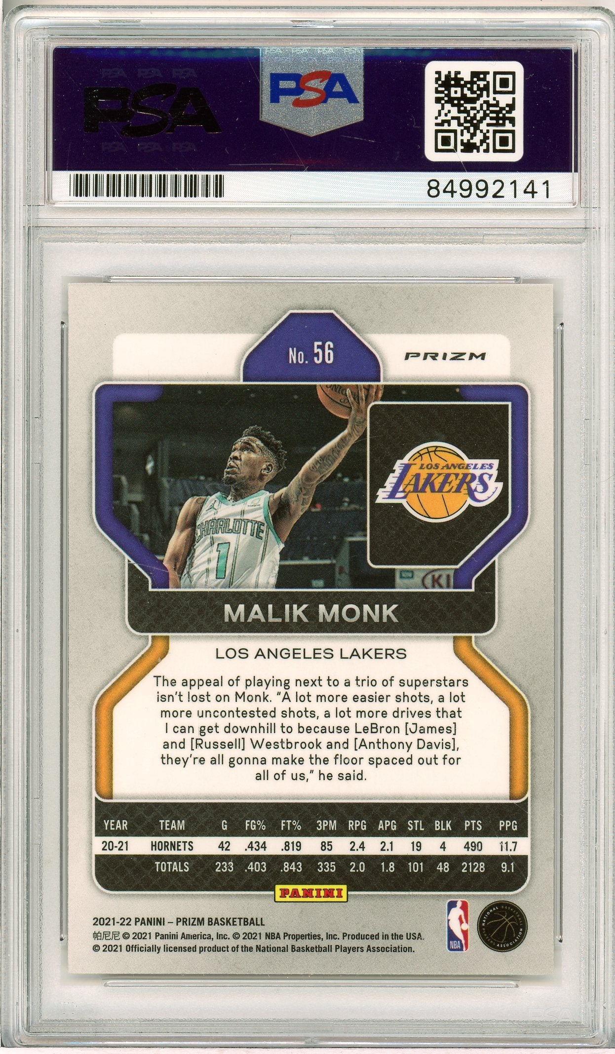 2021-22 Panini Prizm #56 Malik Monk Red Ice Auto PSA 10 (Auto Grade)