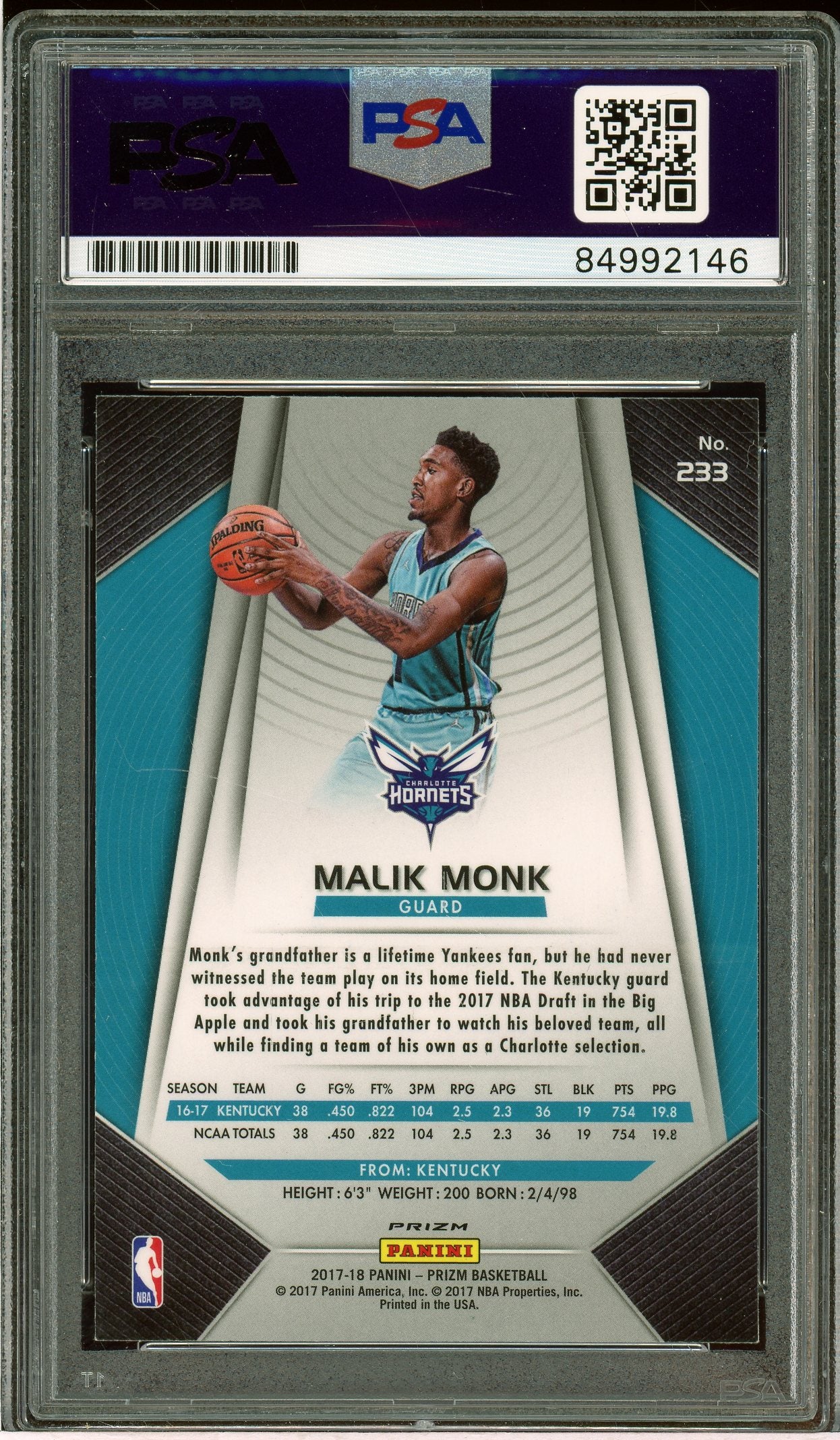 2017 Panini Prizm Malik Monk Prizm Silver Rookie Auto PSA 10 - Auto Grade (2146)