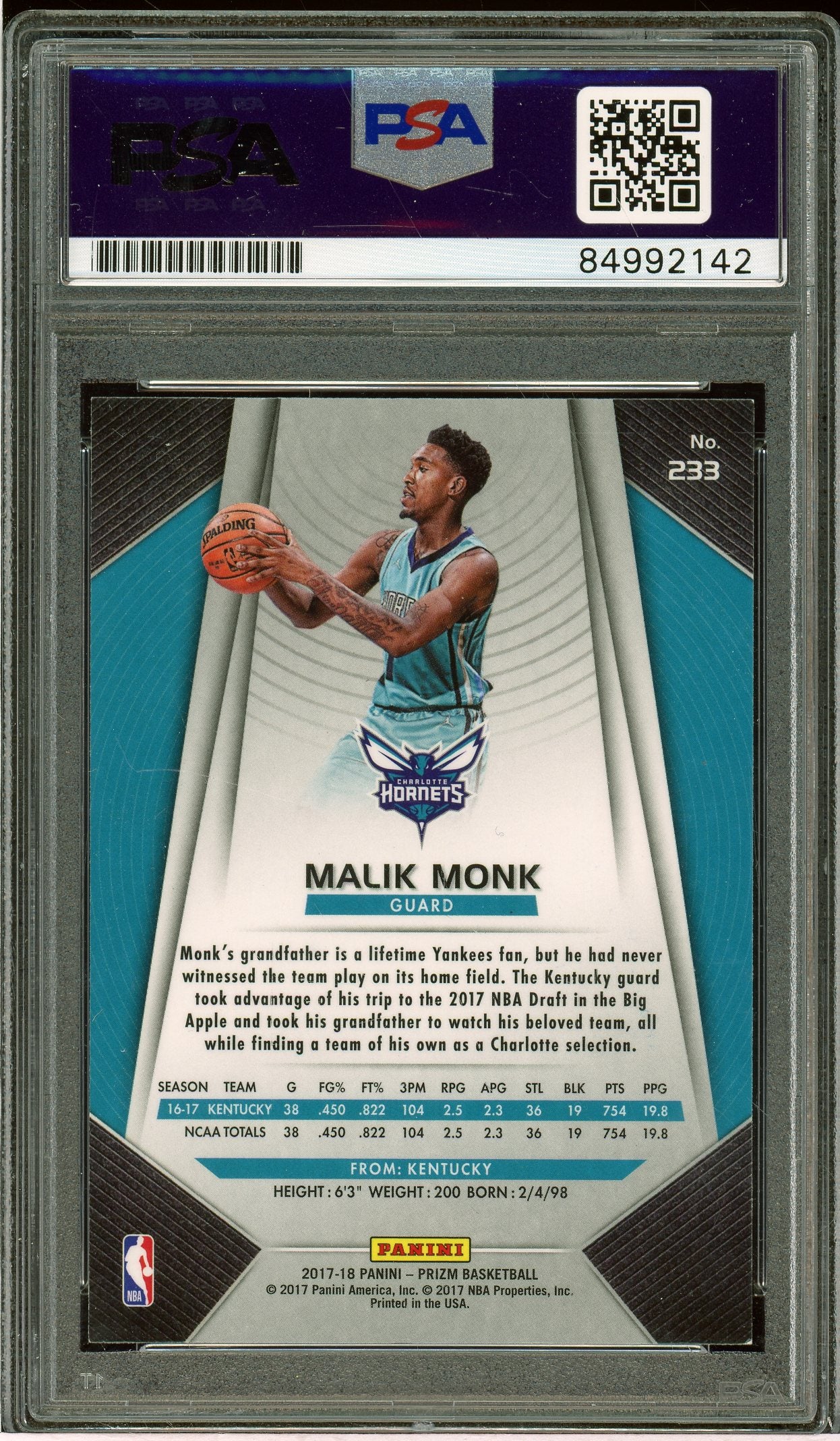 2017-18 Panini Prizm Malik Monk Blue Ink Rookie Auto PSA 10 - Auto Grade (2142)