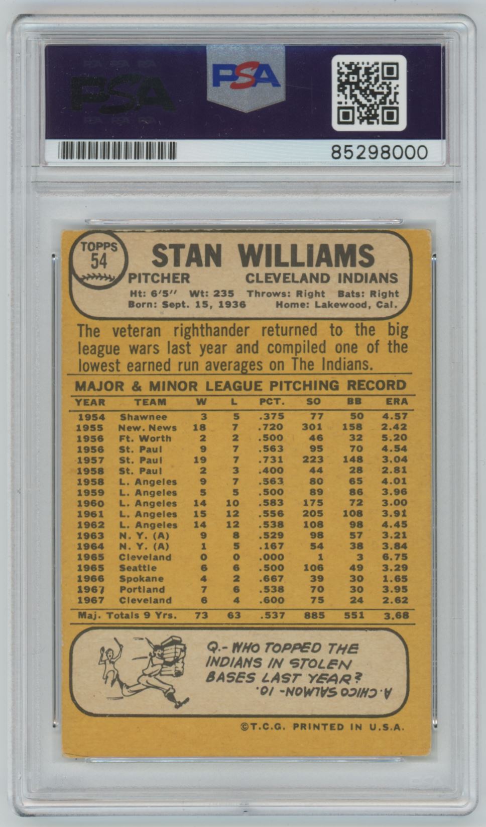 1968 Topps Stan Williams "Best Wishes" Auto - PSA/DNA Authentic (8000)