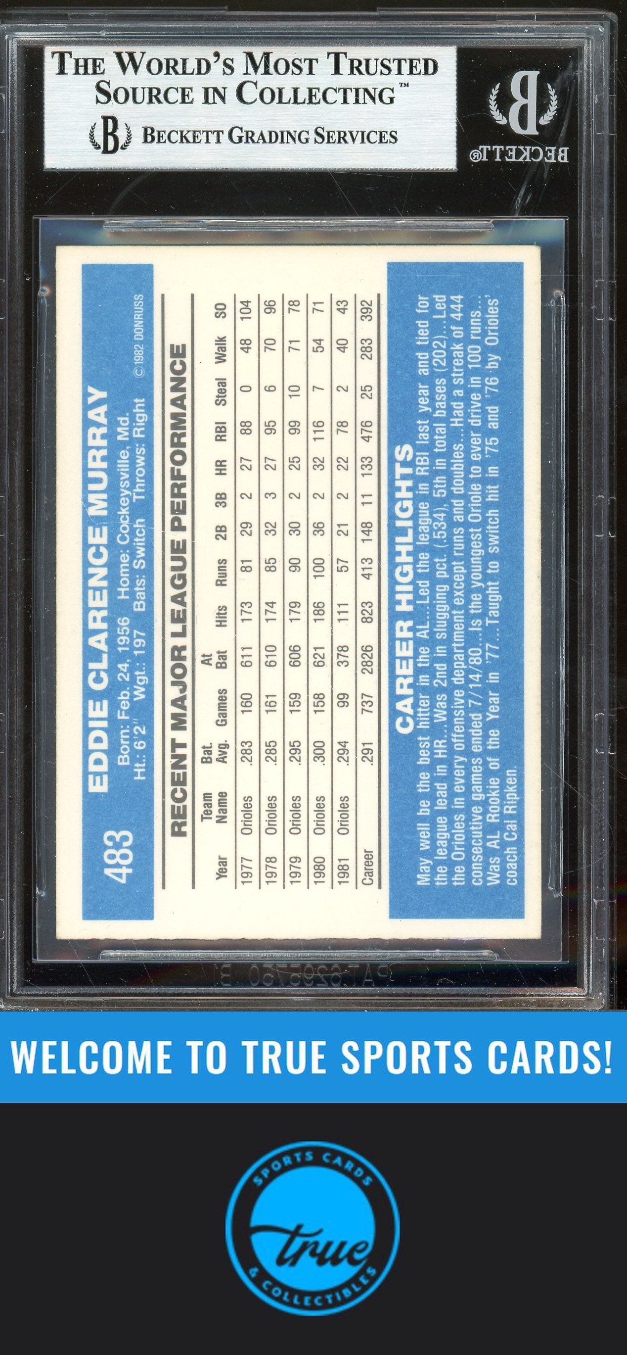1982 Donruss #483 Eddie Murray Auto BGS Authentic