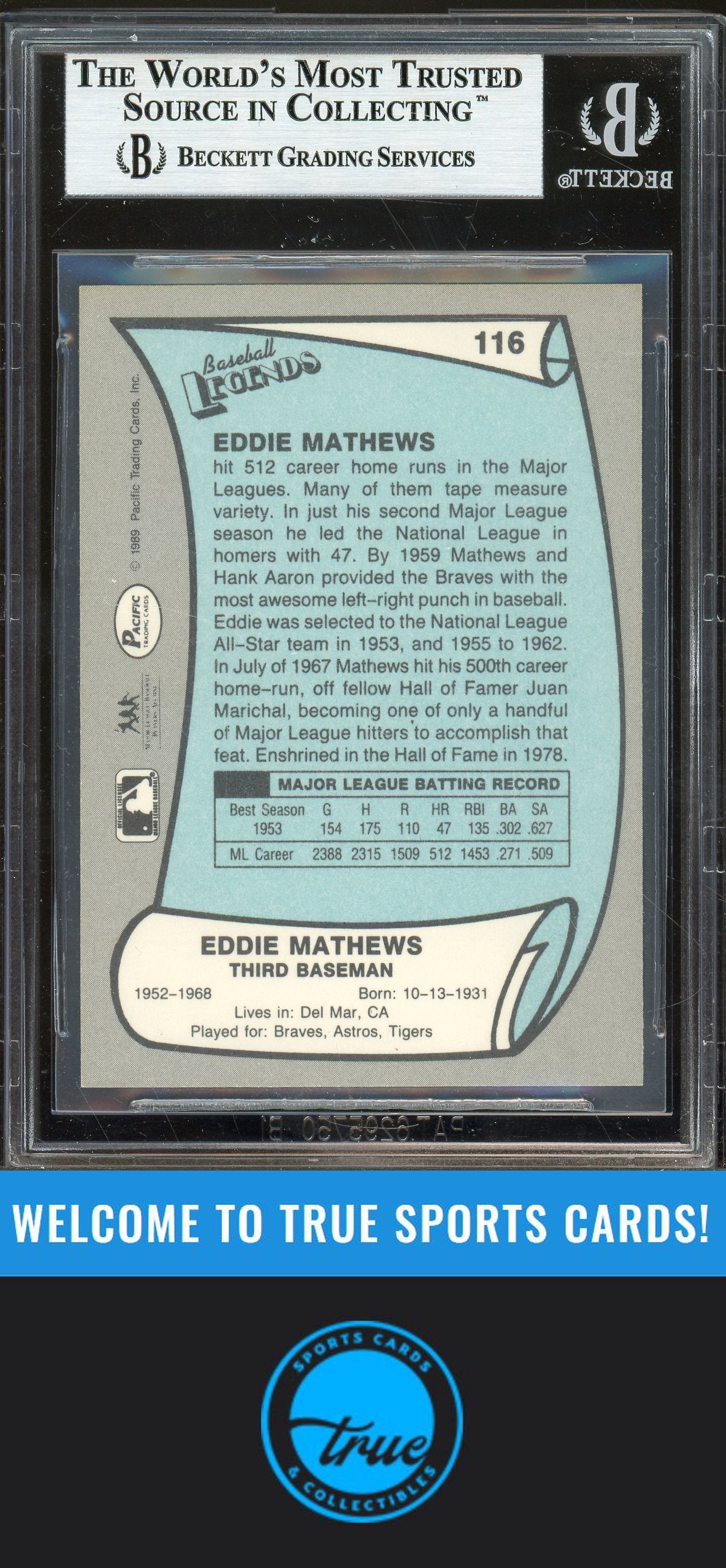1989 Pacific Legends II #116 Eddie Mathews Auto BGS Authentic (0987)