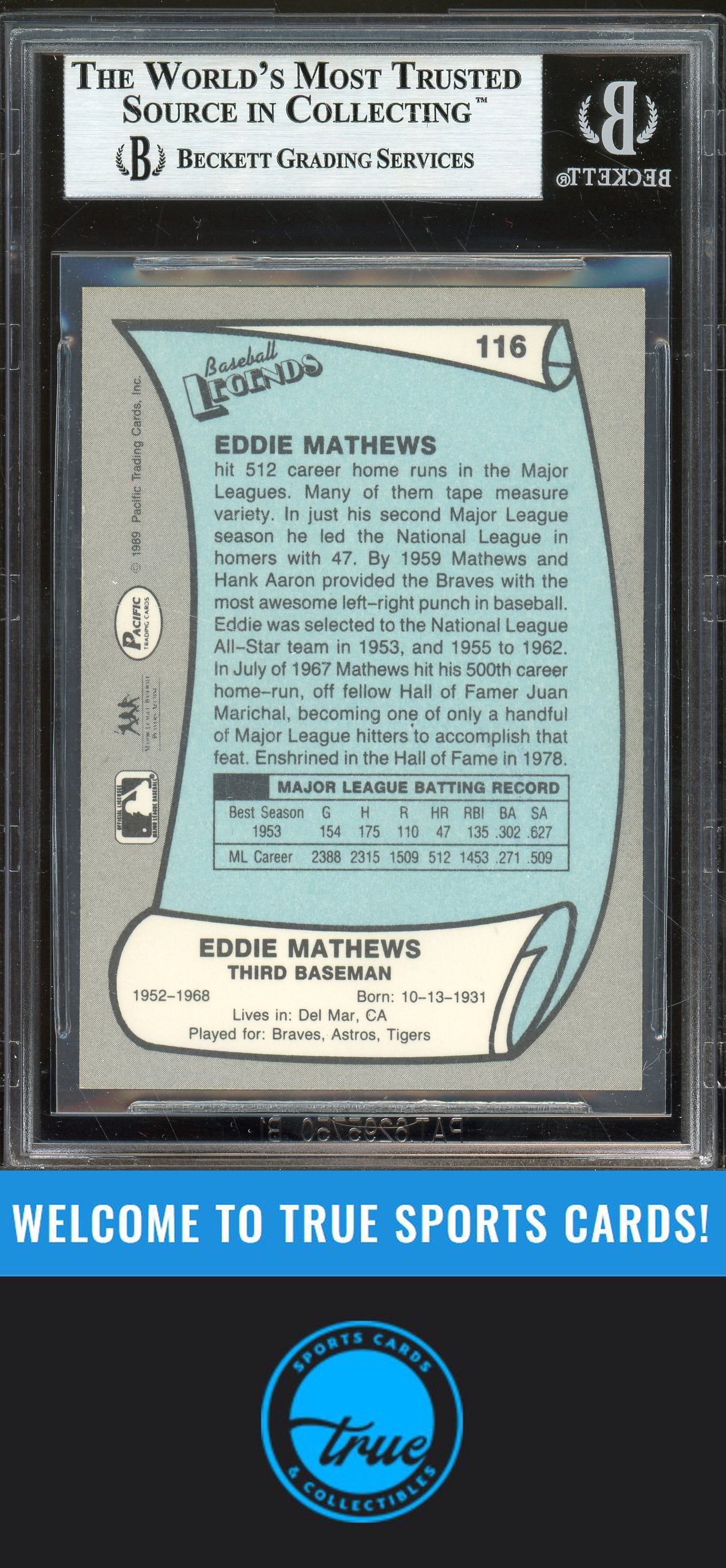 1989 Pacific Legends II #116 Eddie Mathews Auto BGS Authentic (0988)