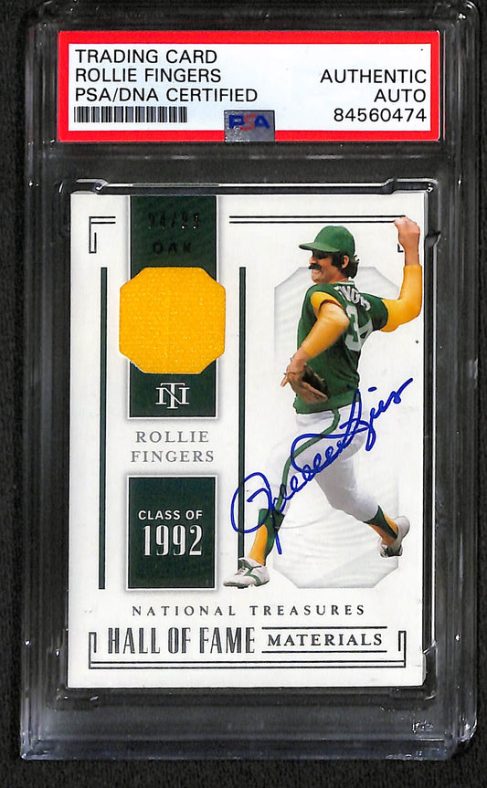 2019 PANINI NATIONAL TREASURES ROLLIE FINGERS HALL OF FAME MATERIALS PATCH /99 AUTO CARD PSA DNA (0474)
