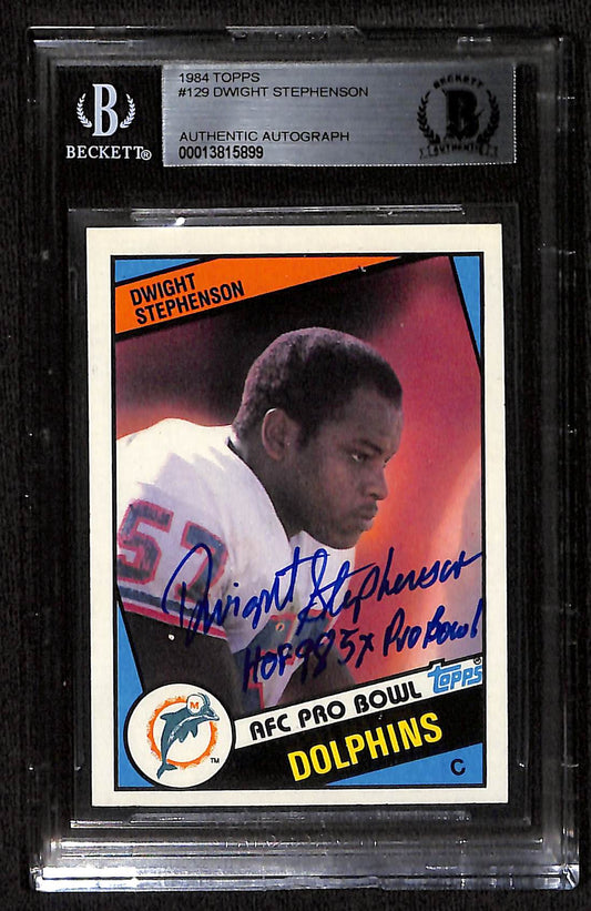 1984 TOPPS DWIGHT STEPHENSON RC ROOKIE CARD AUTO WITH HOF 98 & 5X PRO BOWL INSCRIPTIONS BAS (5899)