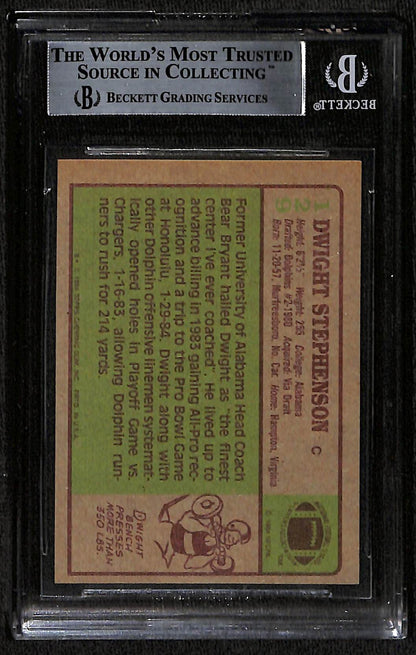 1984 TOPPS DWIGHT STEPHENSON RC ROOKIE CARD AUTO WITH HOF 98 & 5X PRO BOWL INSCRIPTIONS BAS (5899)