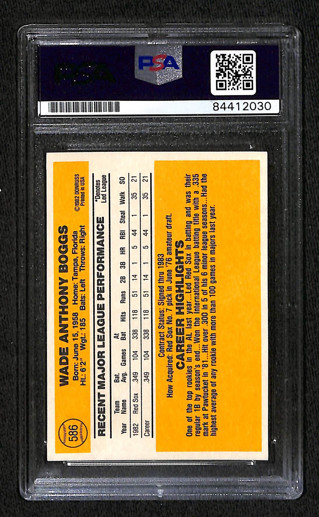 1983 DONRUSS WADE BOGGS ROOKIE CARD CARD PSA DNA (2030)