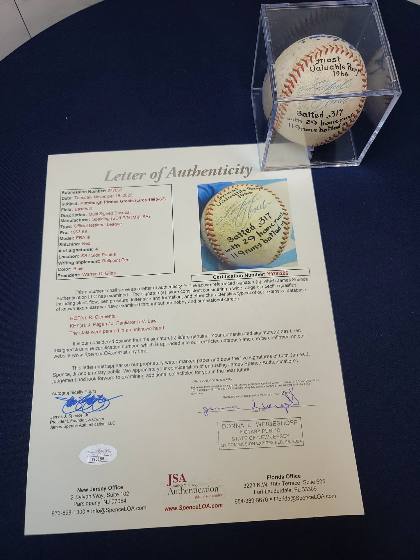 Roberto Clemente, Vernon Law, Jim Pagliaroni, Jose Pagan Autographed Baseball