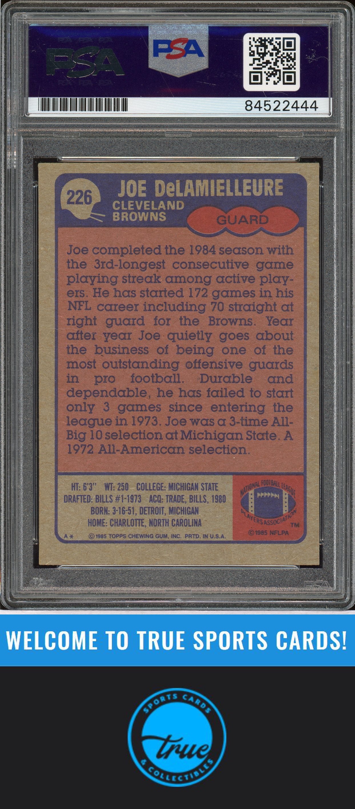 1985 Topps #226 Joe DeLamielleure Auto PSA Authentic (2444)