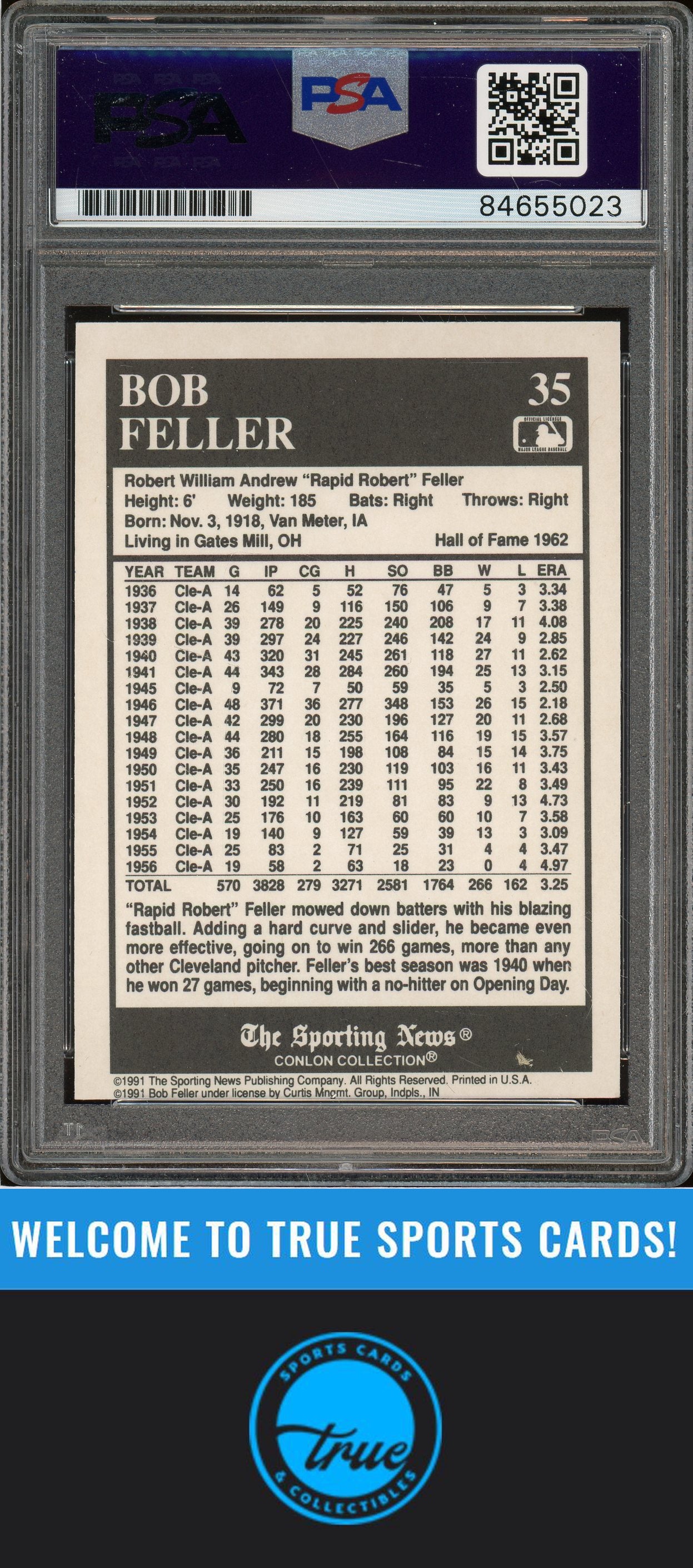 1991 Conlon Collection TSN #35 Bob Feller Auto PSA Authentic (5023)