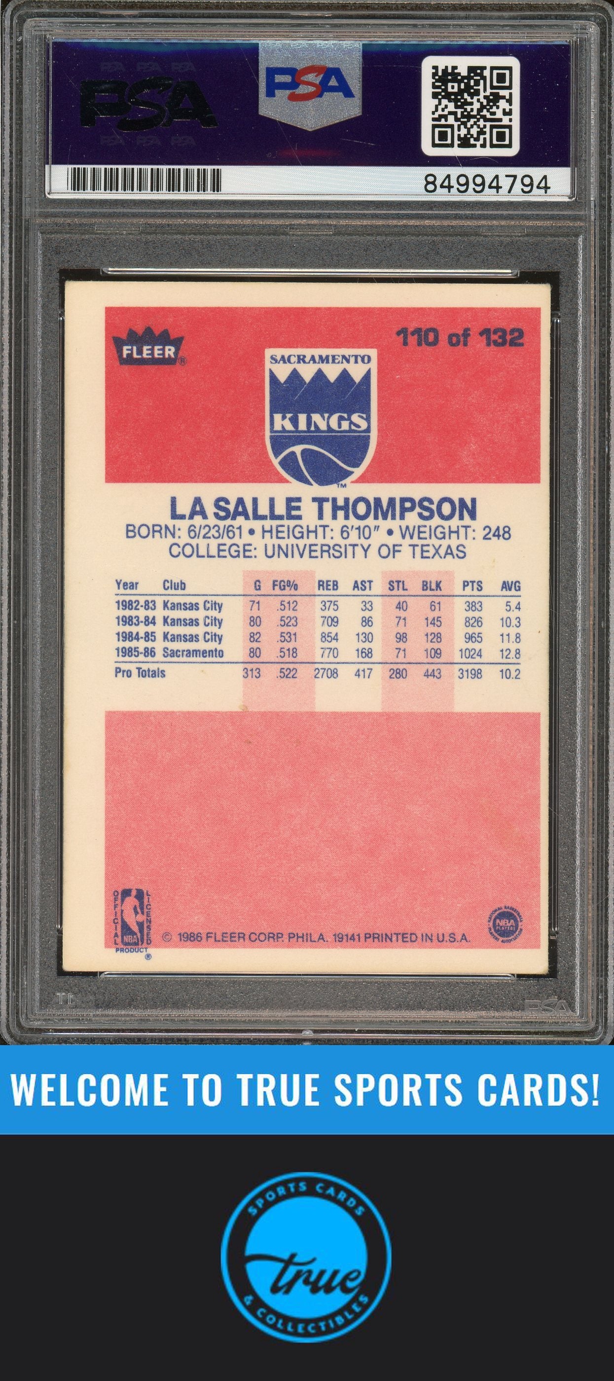 1986-87 Fleer #110 LaSalle Thompson Rookie Auto PSA Authentic (4794)