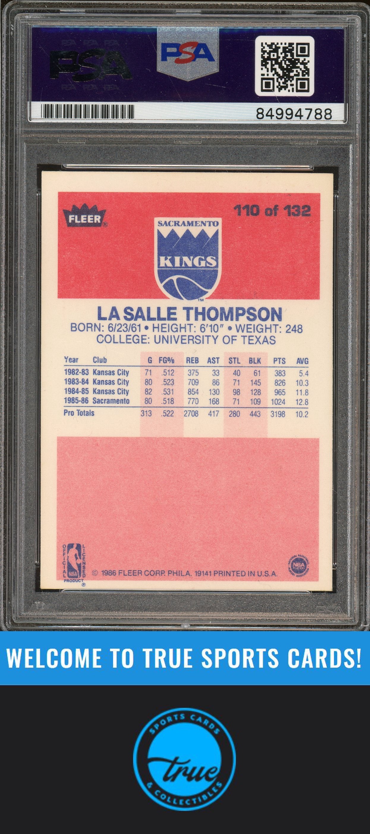 1986-87 Fleer #110 LaSalle Thompson Rookie Auto PSA Authentic (4788)