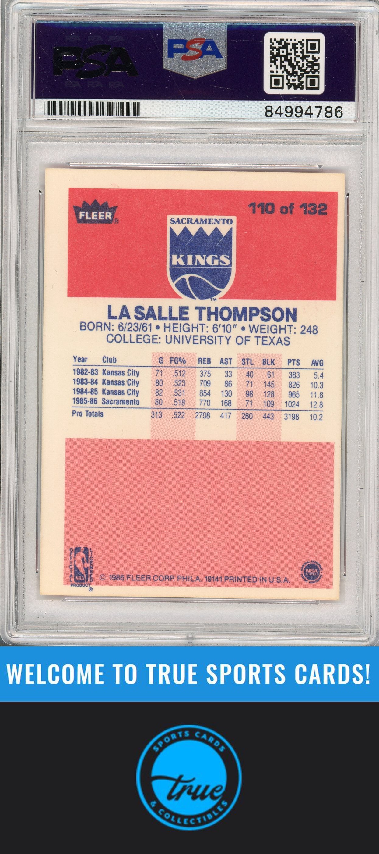 1986-87 Fleer #110 LaSalle Thompson Rookie Auto PSA Authentic (4786)