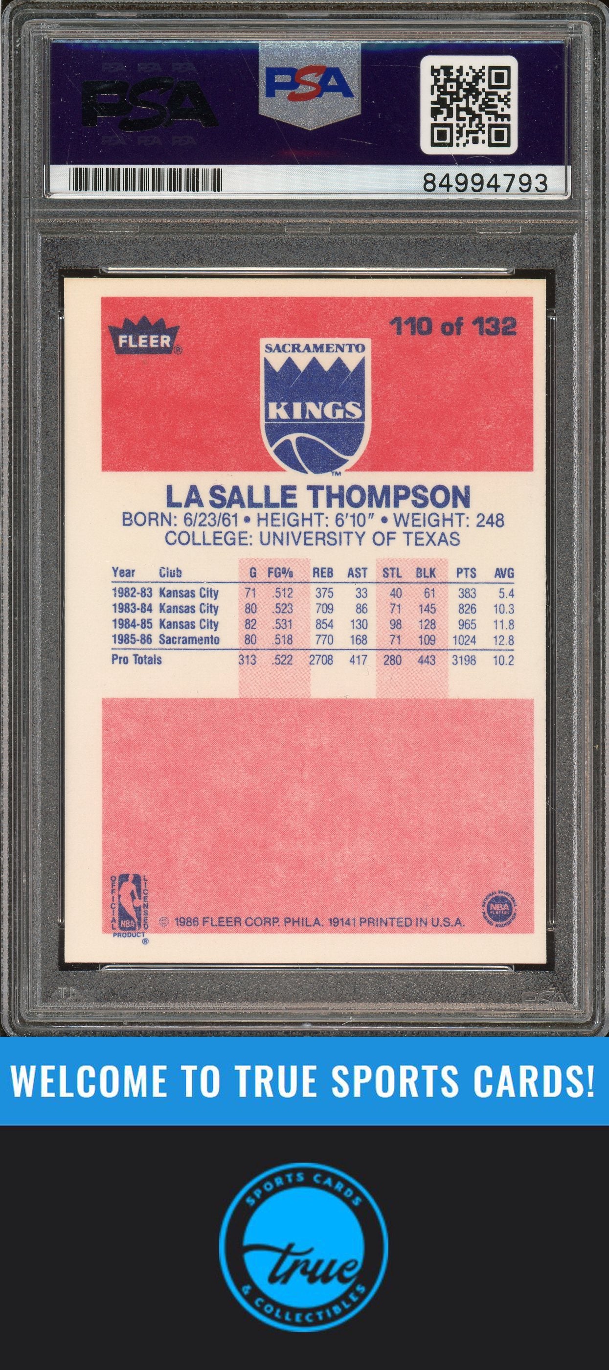 1986-87 Fleer #110 LaSalle Thompson Rookie Auto PSA Authentic (4793)