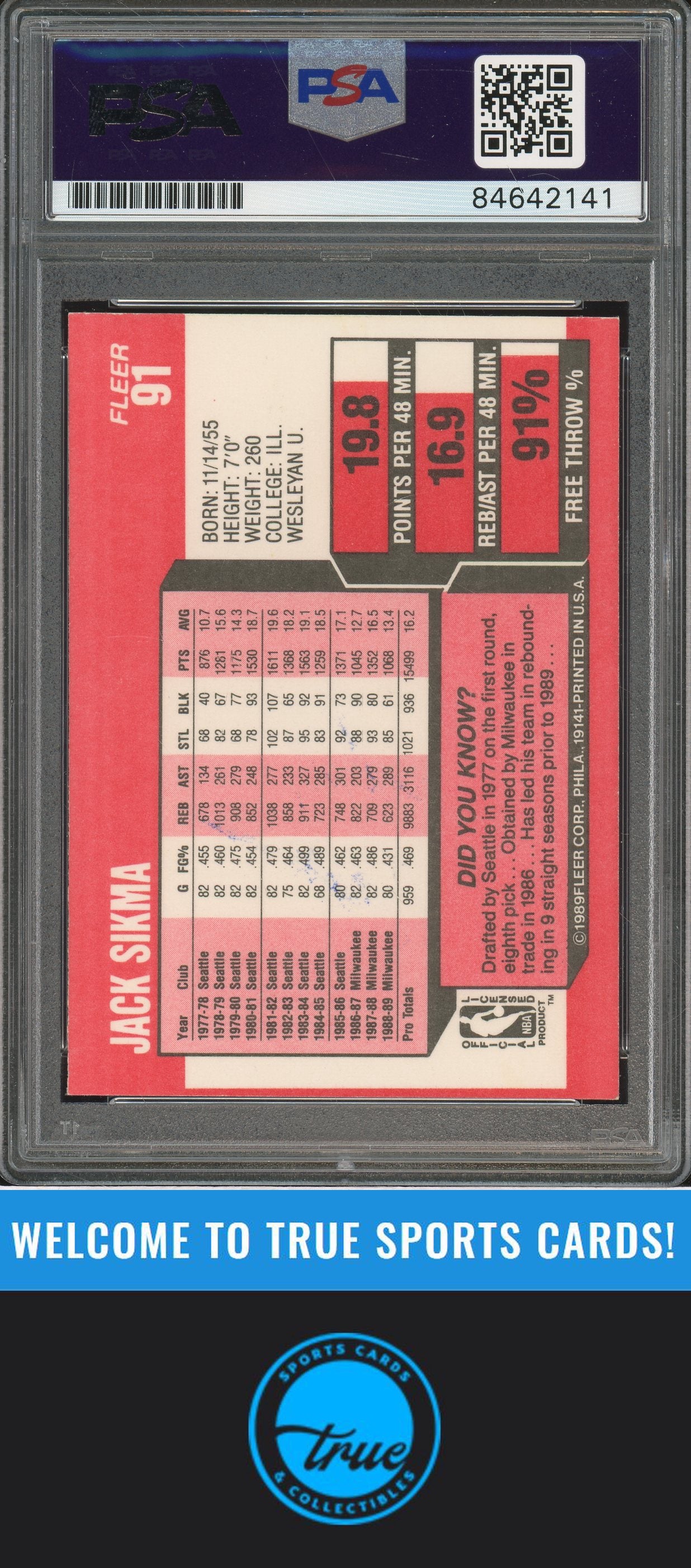 1989-90 Fleer #91 Jack Sikma Auto PSA Authentic (2141)