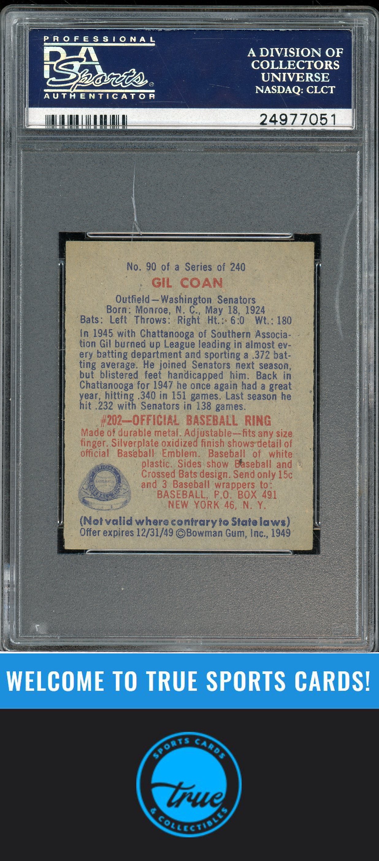 1949 Bowman #90 Gil Coan PSA 5