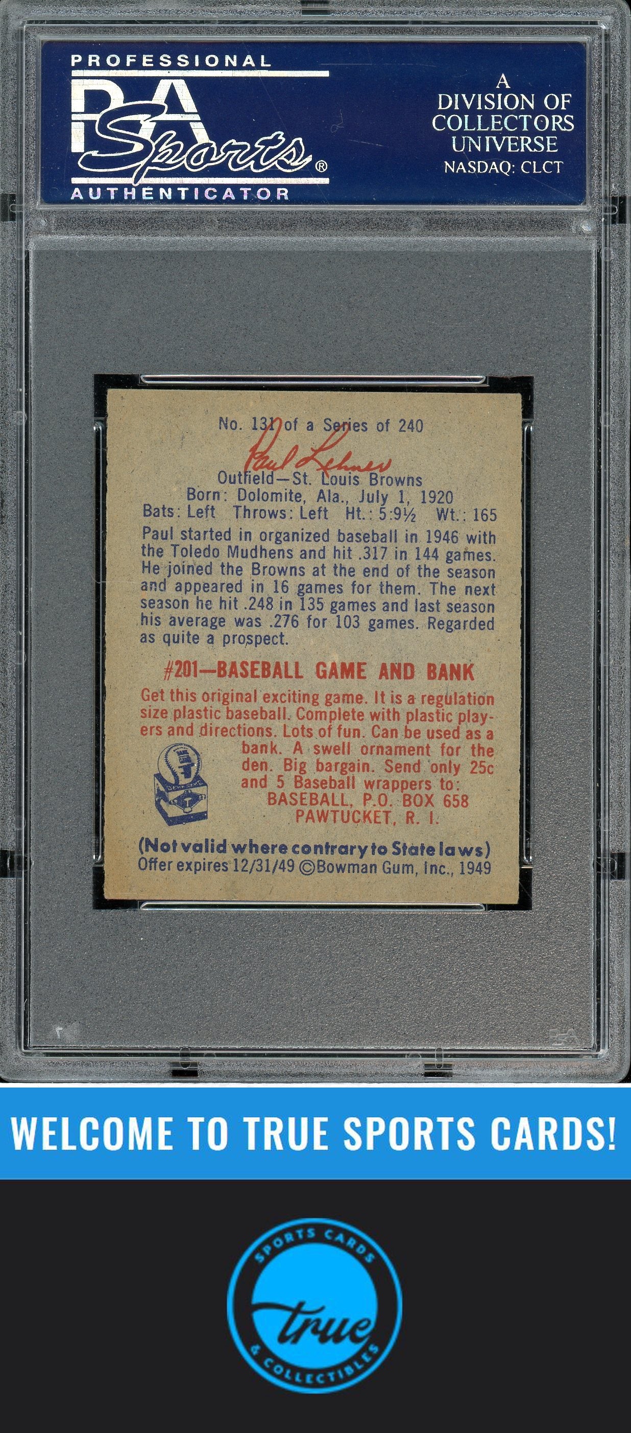1949 Bowman #131 Paul Lehner PSA 6