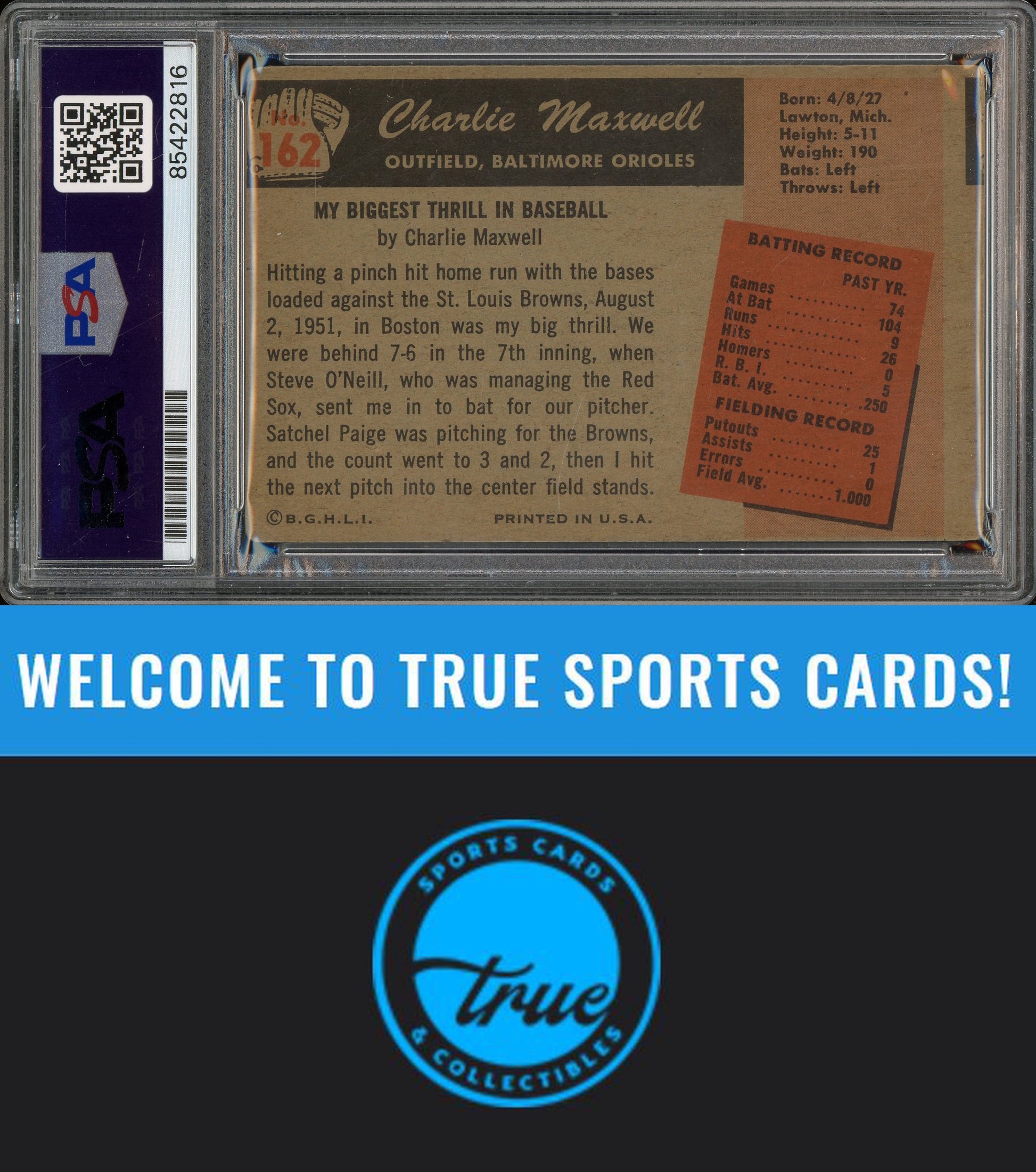 1955 Bowman #162 Charlie Maxwell Auto PSA Authentic (2816)
