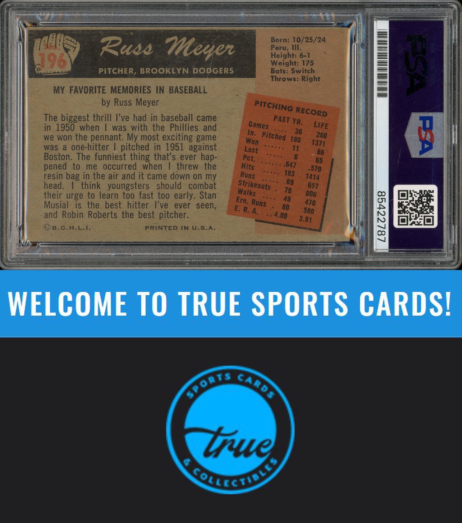 1955 Bowman #196 Russ Meyer Auto PSA Authentic (2787)