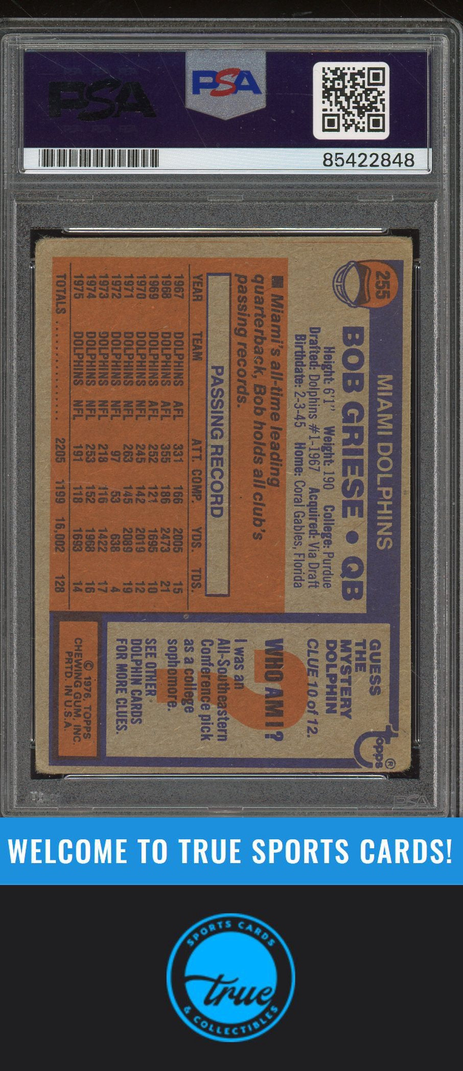 1976 Topps #255 Bob Griese Auto PSA Authentic