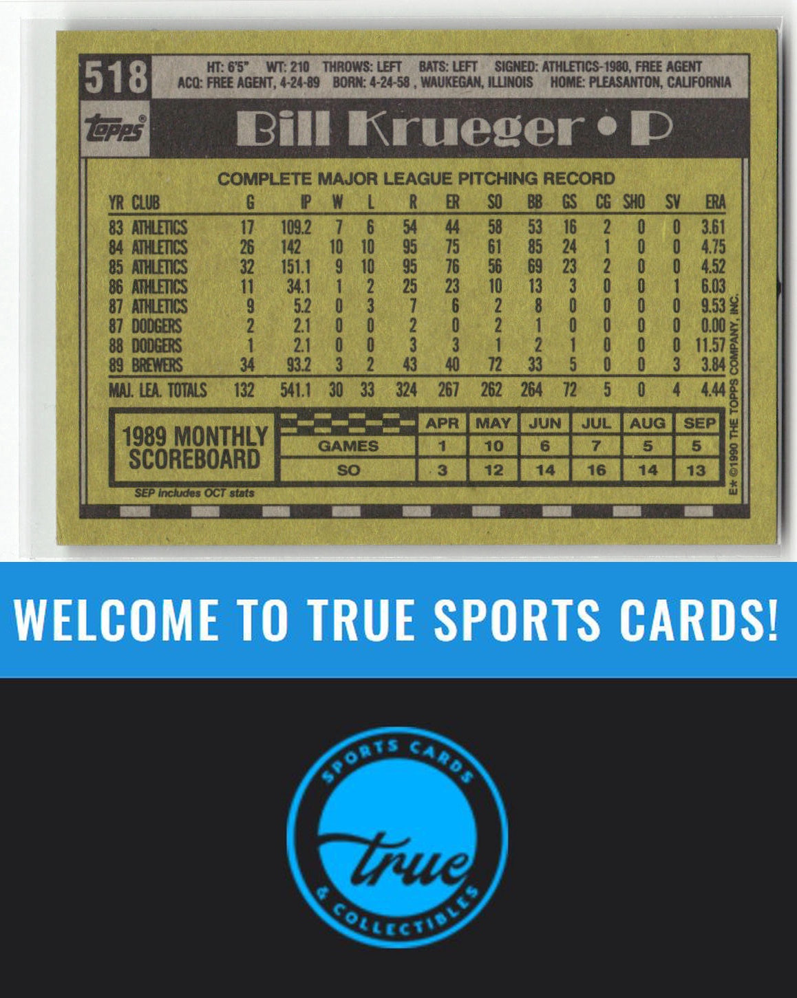 1990 Topps #518 Bill Krueger Auto