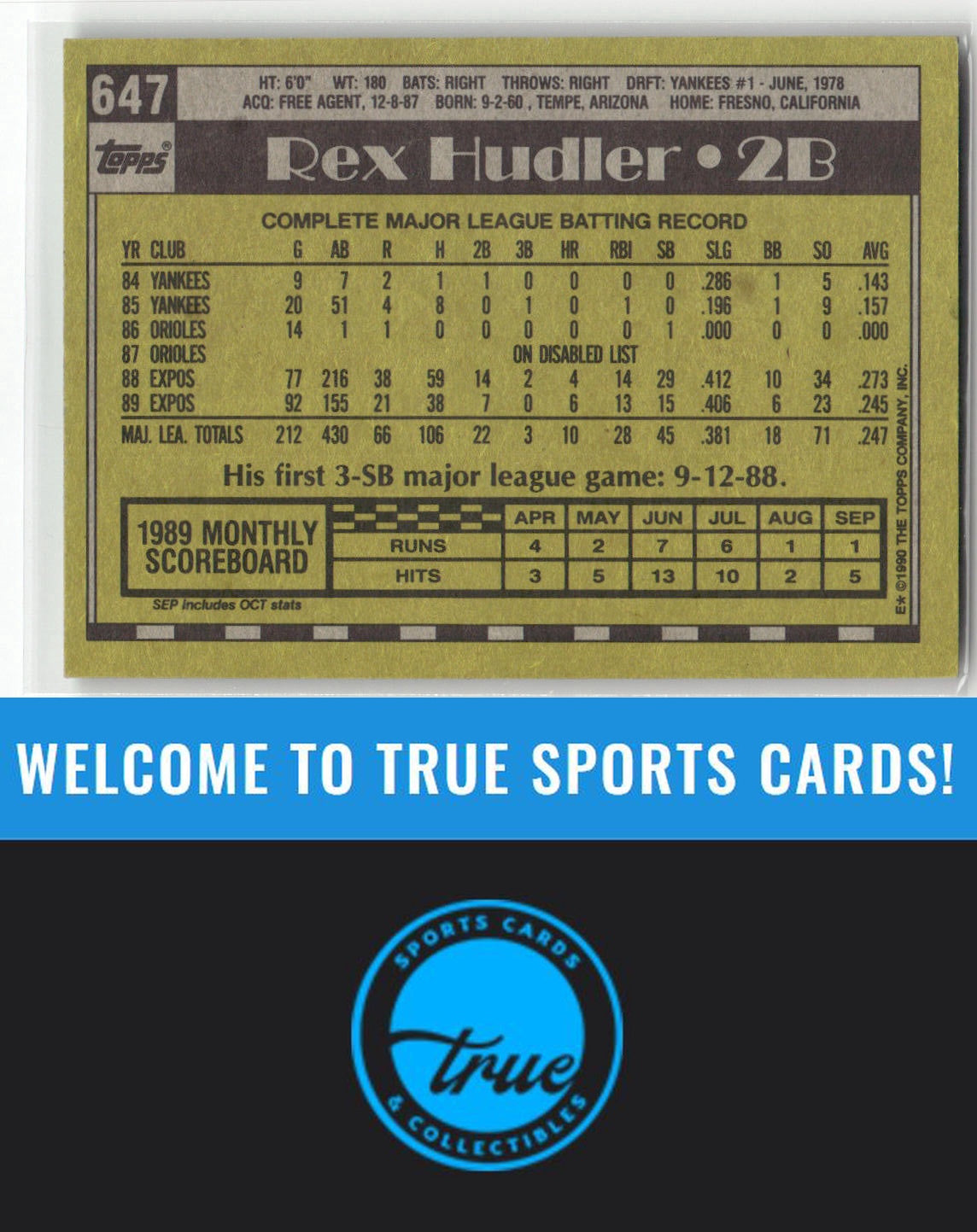 1990 Topps #647 Rex Hudler Auto