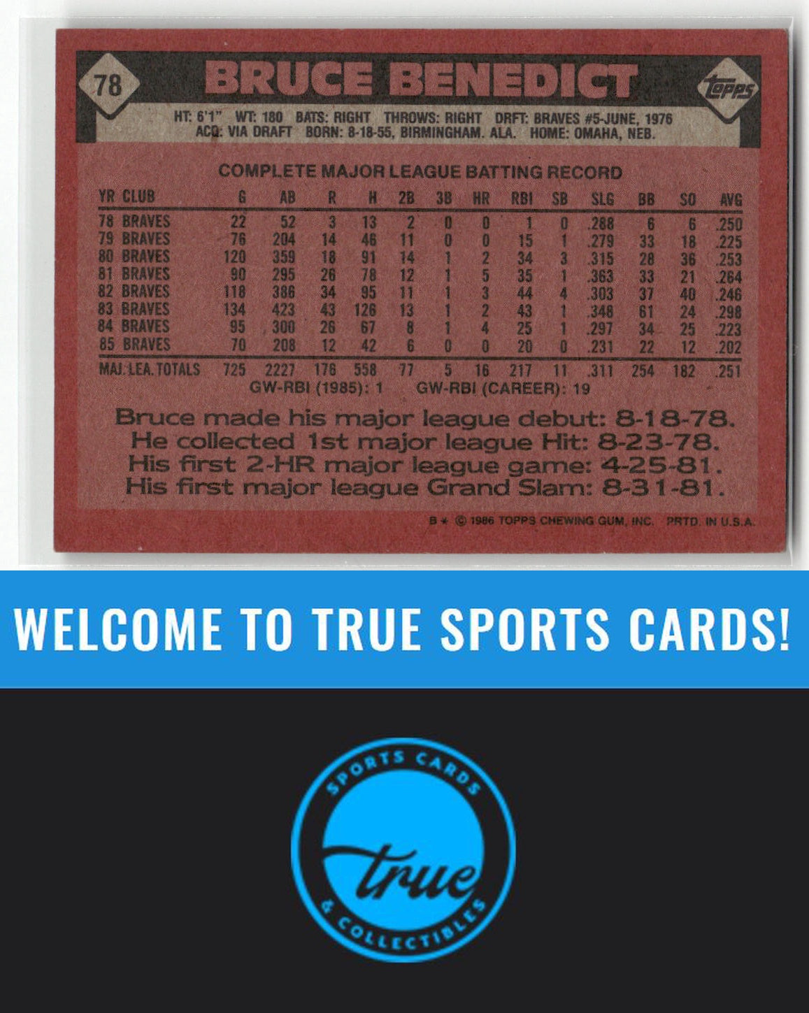 1986 Topps #78 Bruce Benedict Auto