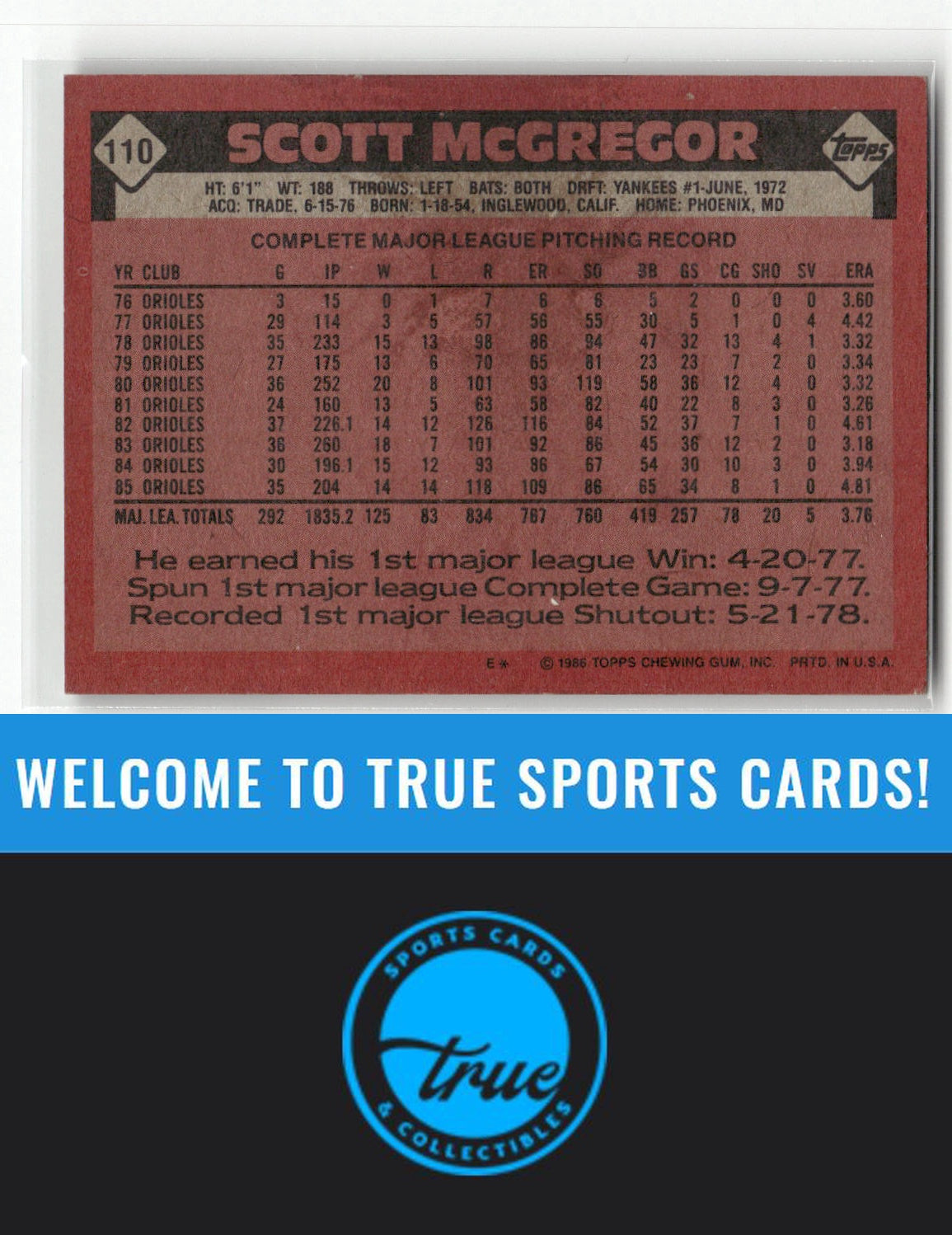 1986 Topps #110 Scott McGregor Auto