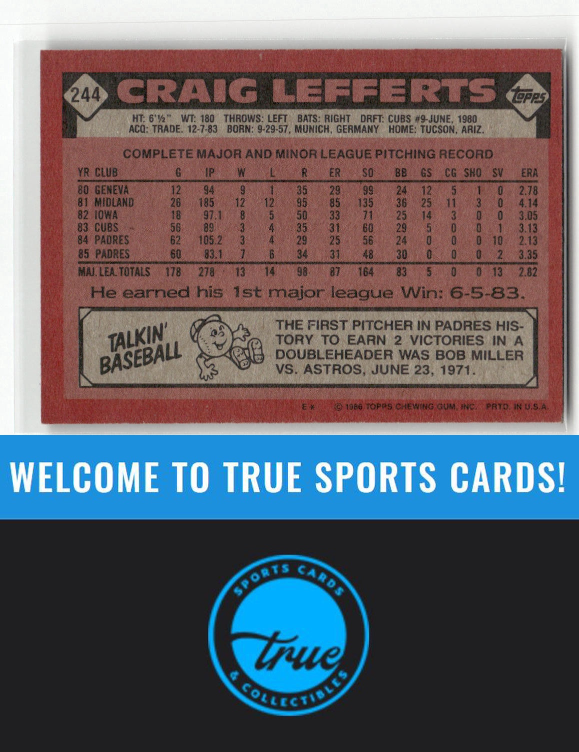 1986 Topps #244 Craig Lefferts Auto