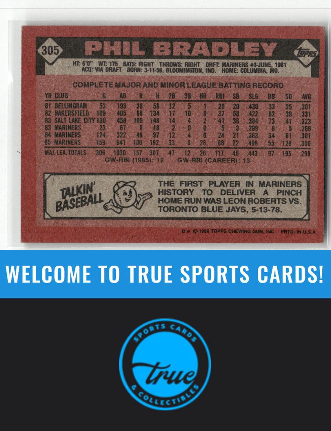 1986 Topps #305 Phil Bradley Auto