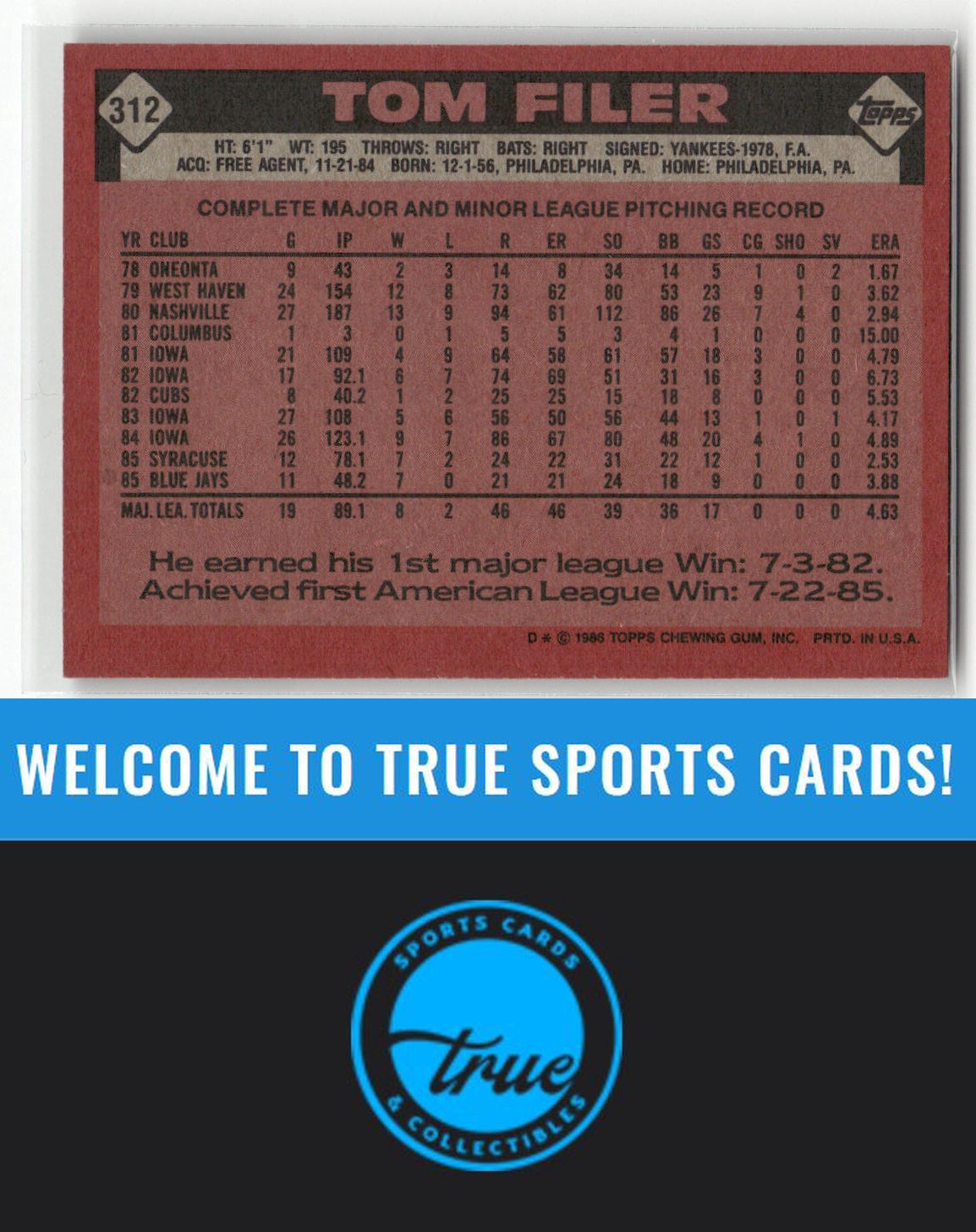 1986 Topps #312 Tom Filer Auto