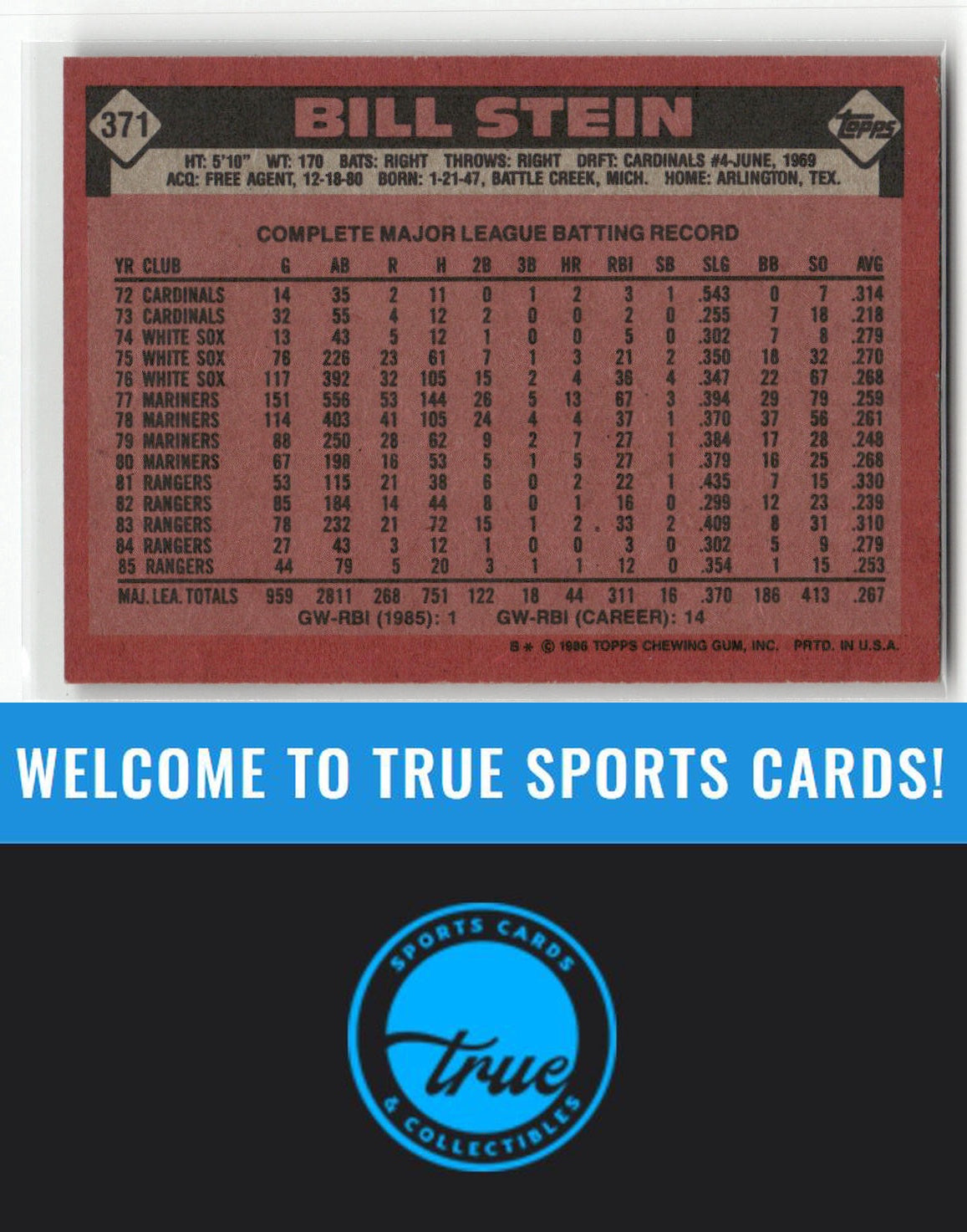 1986 Topps #371 Bill Stein Auto